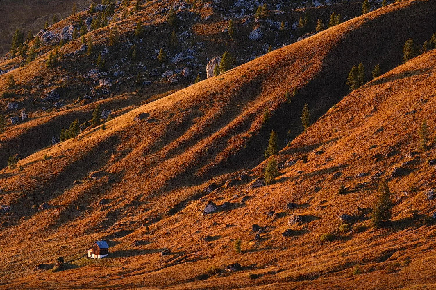 A tighter composition of sunlit grass, scattered rocks, and deep shadows at Passo Giau, photographed fifteen minutes later.