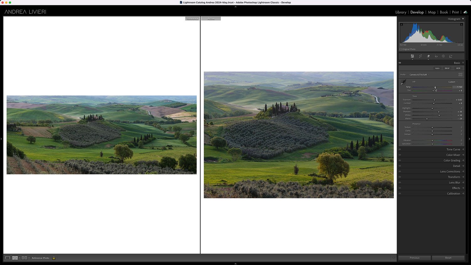 Lightroom Classic reference view comparing two edits of a Tuscany landscape photograph, demonstrating adjustments to white balance, exposure, and shadows during post-processing.