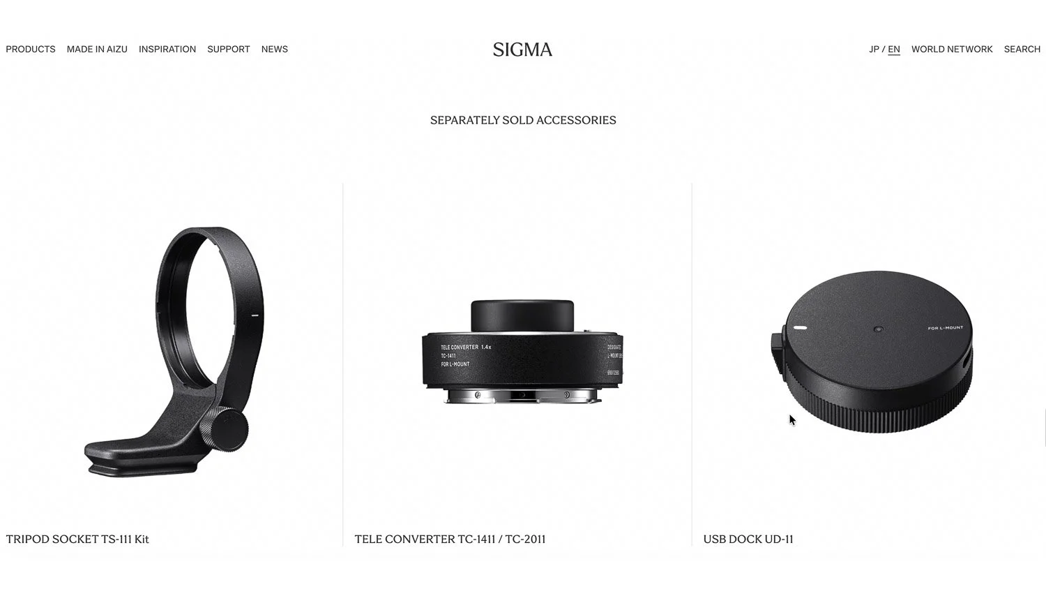 Sigma accessories page showing the TS-111 tripod socket, L-mount teleconverters and USB dock sold separately.