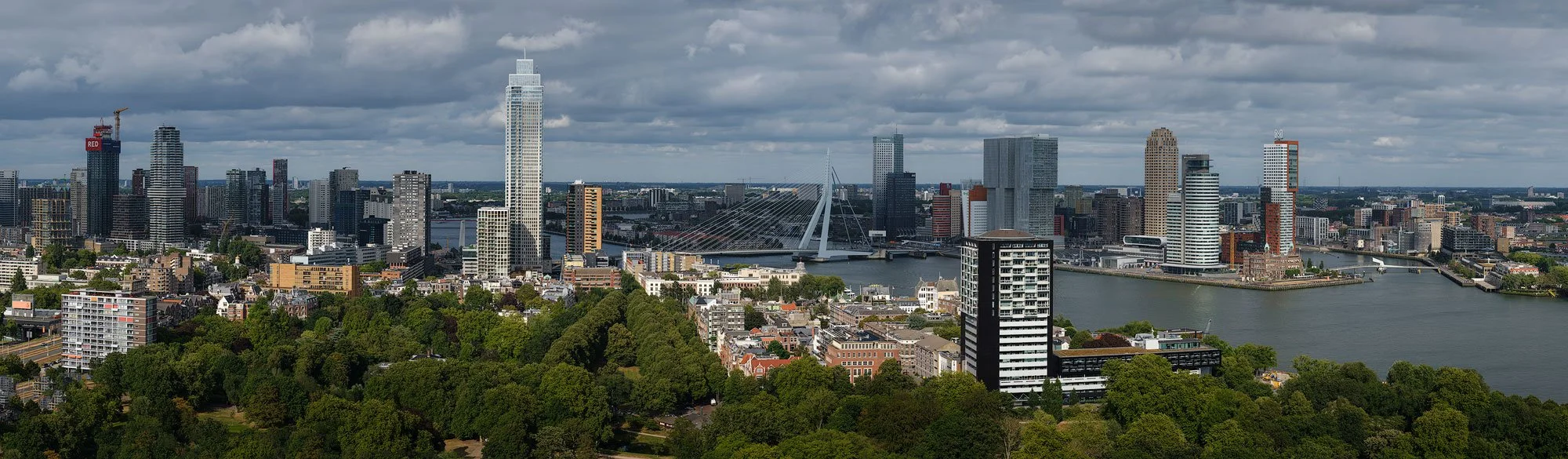 Two-row handheld panorama of the Rotterdam skyline and Nieuwe Maas river photographed from the Euromast.