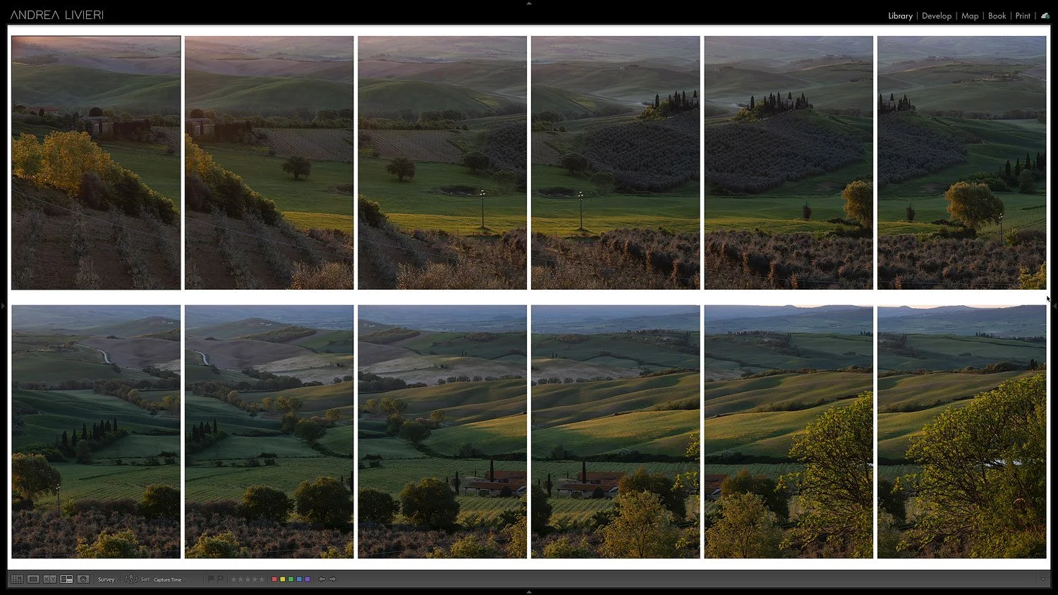 Sequence of vertical frames photographed in Tuscany before panorama stitching in Lightroom, showing changing sunrise light across the landscape.