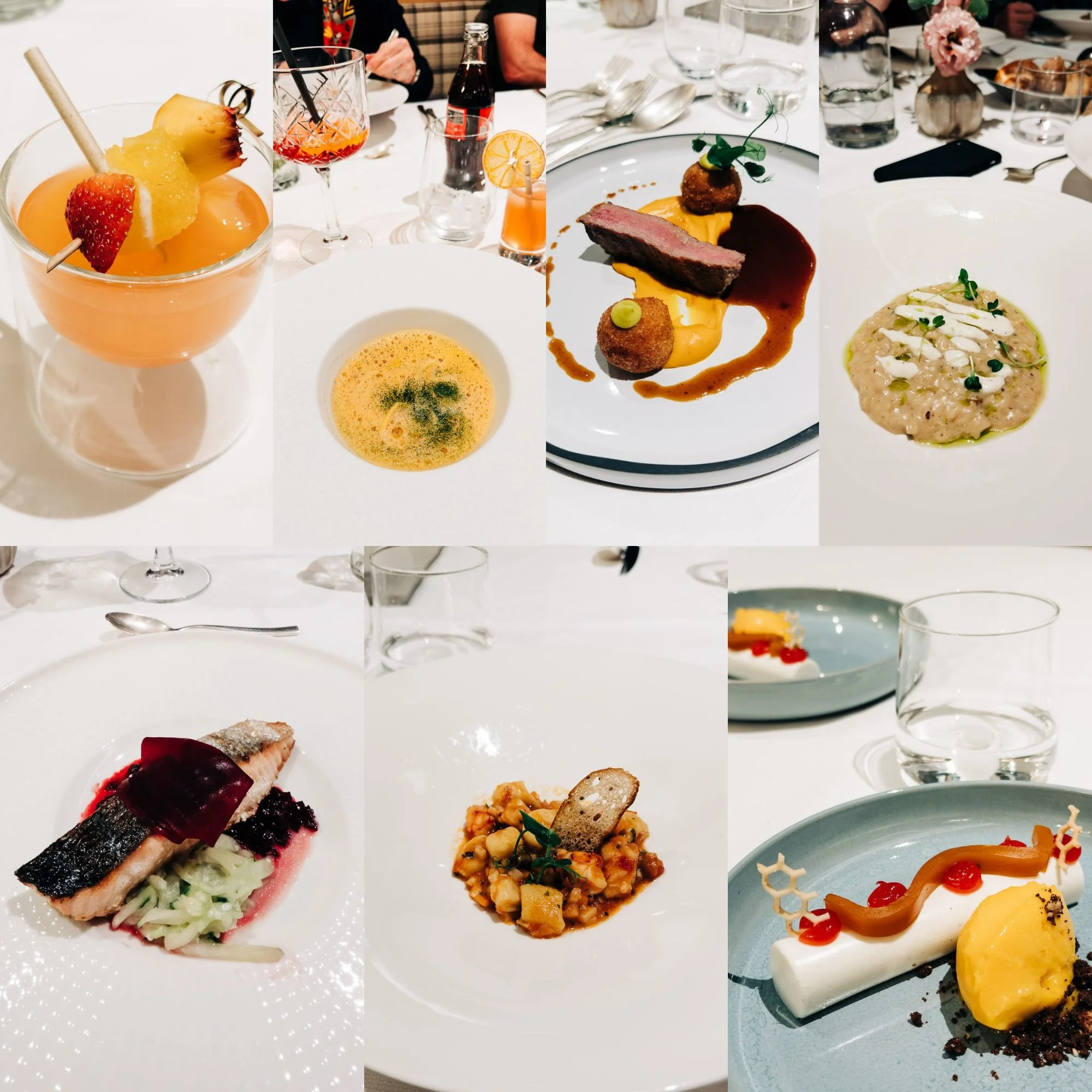 Collage of plated dishes, desserts, and drinks enjoyed during the Dolomites Signature Workshop’s hotel dinners.