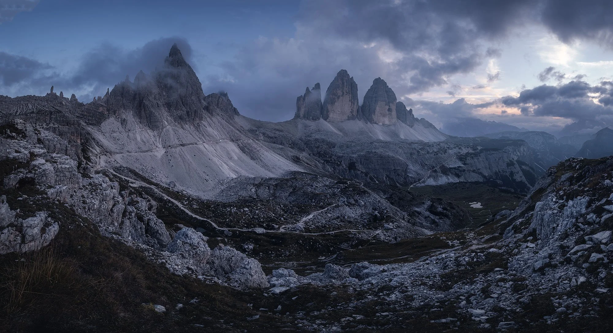 panoramic view of the tre cime di lavaredo natural park in the dolomites shot during the sunset with a fujifilm camera