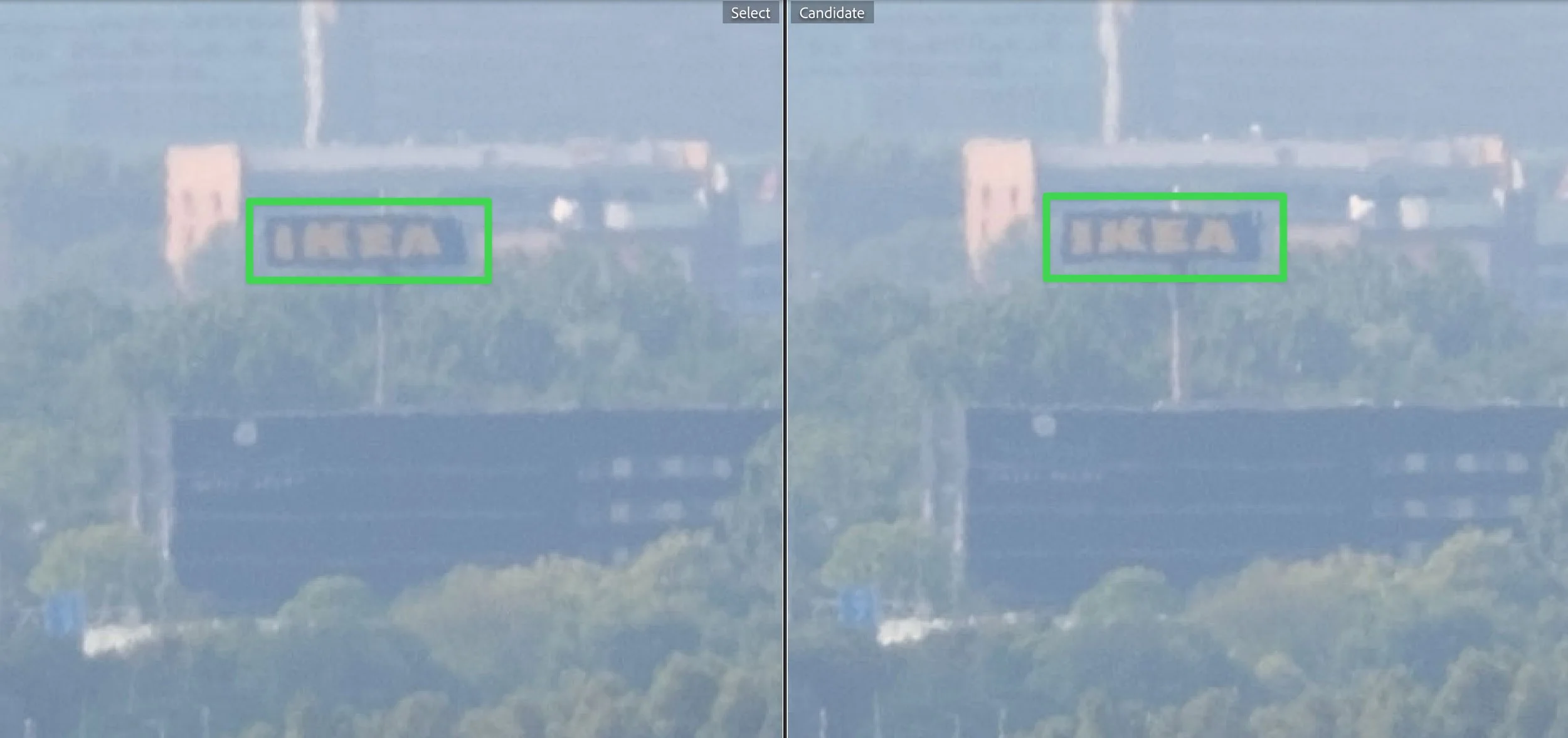 Side-by-side 100% crops of the distant IKEA sign showing changing edge shapes caused by atmospheric turbulence.