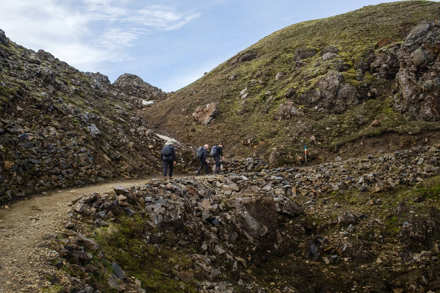 The workshop group hiking along the trail in Landmannalaugar area