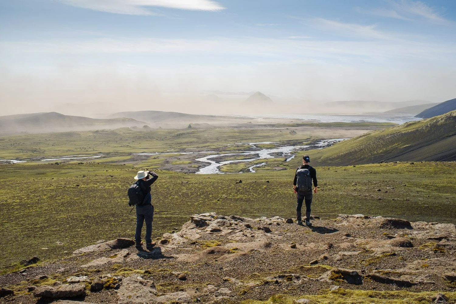 Andrea Livieri and a workshop participant photographing in the Mælifellssandur area during a sand storm. Photographed by Sabrina Tosato