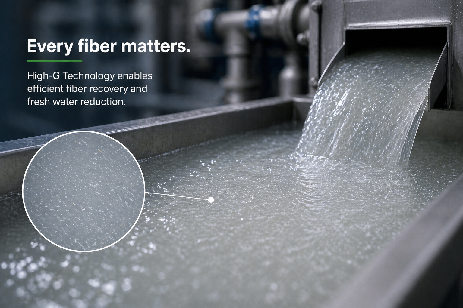 Industrial process water stream with fine fibers demonstrating High-G Technology for efficient fiber recovery