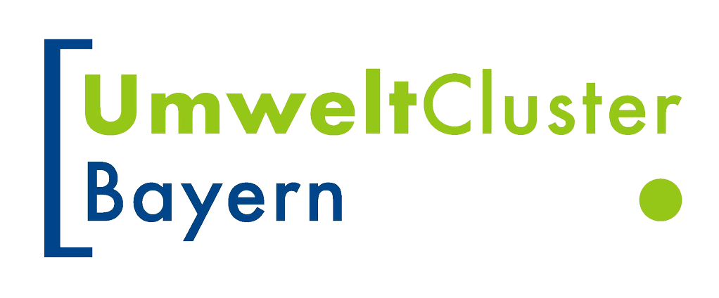 Logo of Umwelt Cluster Bayern with blue and green text and a green dot.