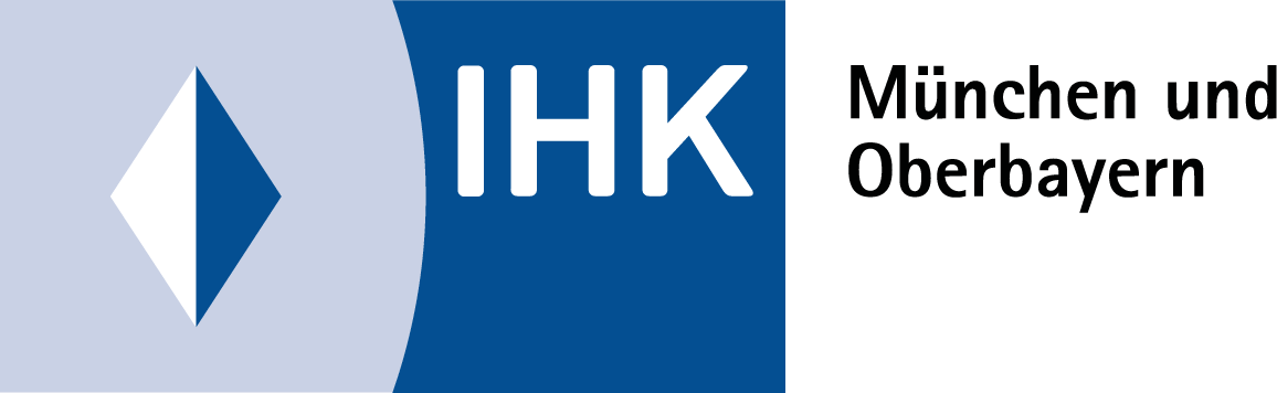 Logo of IHK München und Oberbayern, featuring a blue diamond and text on a blue and white background.