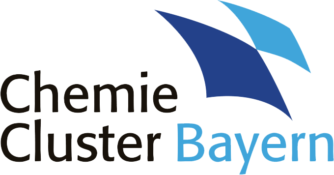 Logo of Chemie Cluster Bayern with blue geometric shapes.