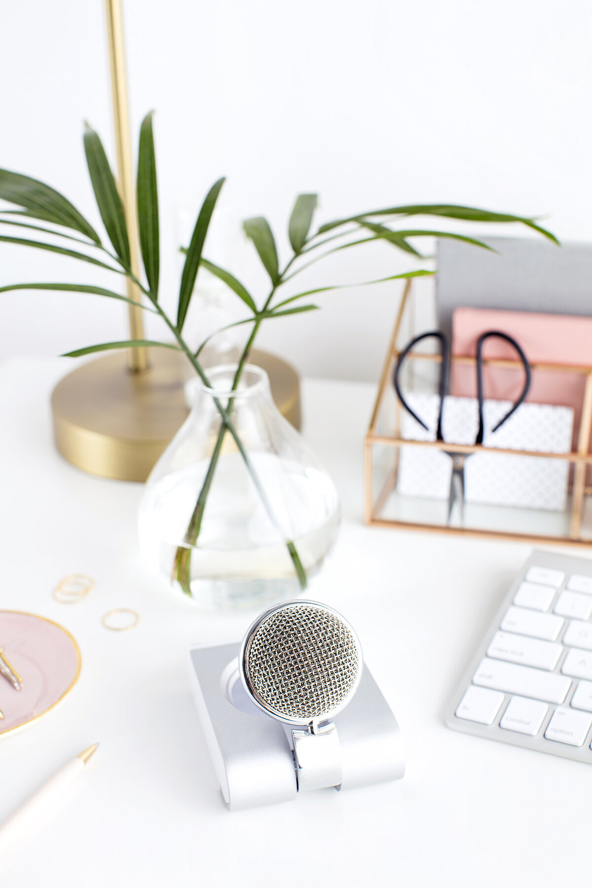 podcast microphone on a feminine desk