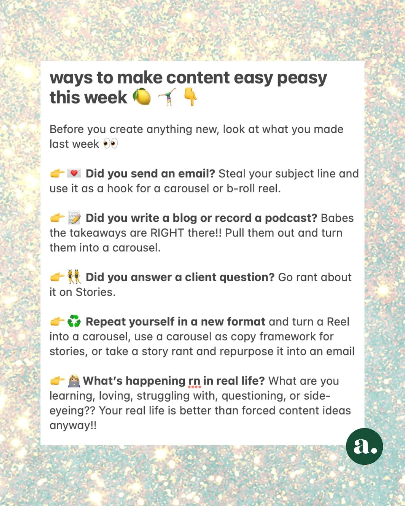 ✋&nbsp;Pause for a sec before you go putting pressure on yourself to come up with some brand new genius content idea this week

When life gives you lemons (aka content you already created) you make lemonade and repurpose that ish 👏 👏👏

And if you&