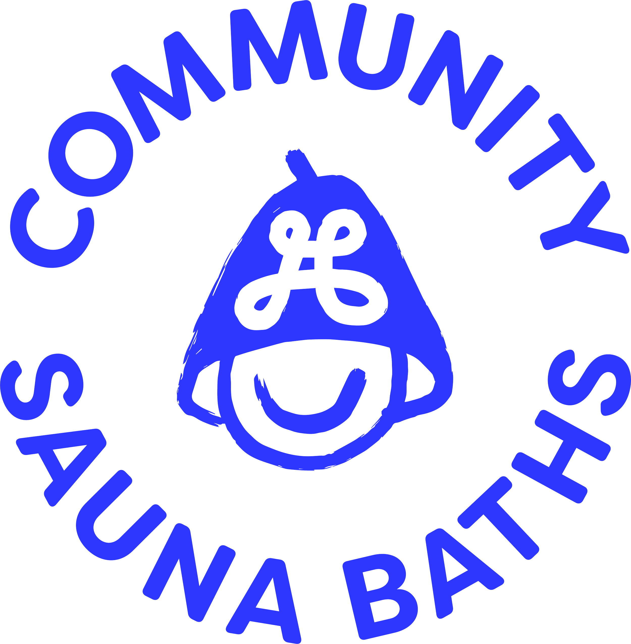 Blue text in a circular pattern saying community sauna baths with a sauna goer wearing a hate as the inner logo