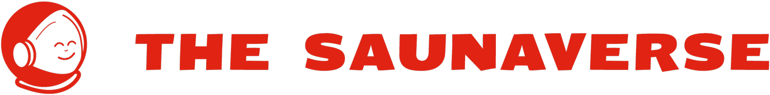 saunaverse logo in red with an astronaut looking head