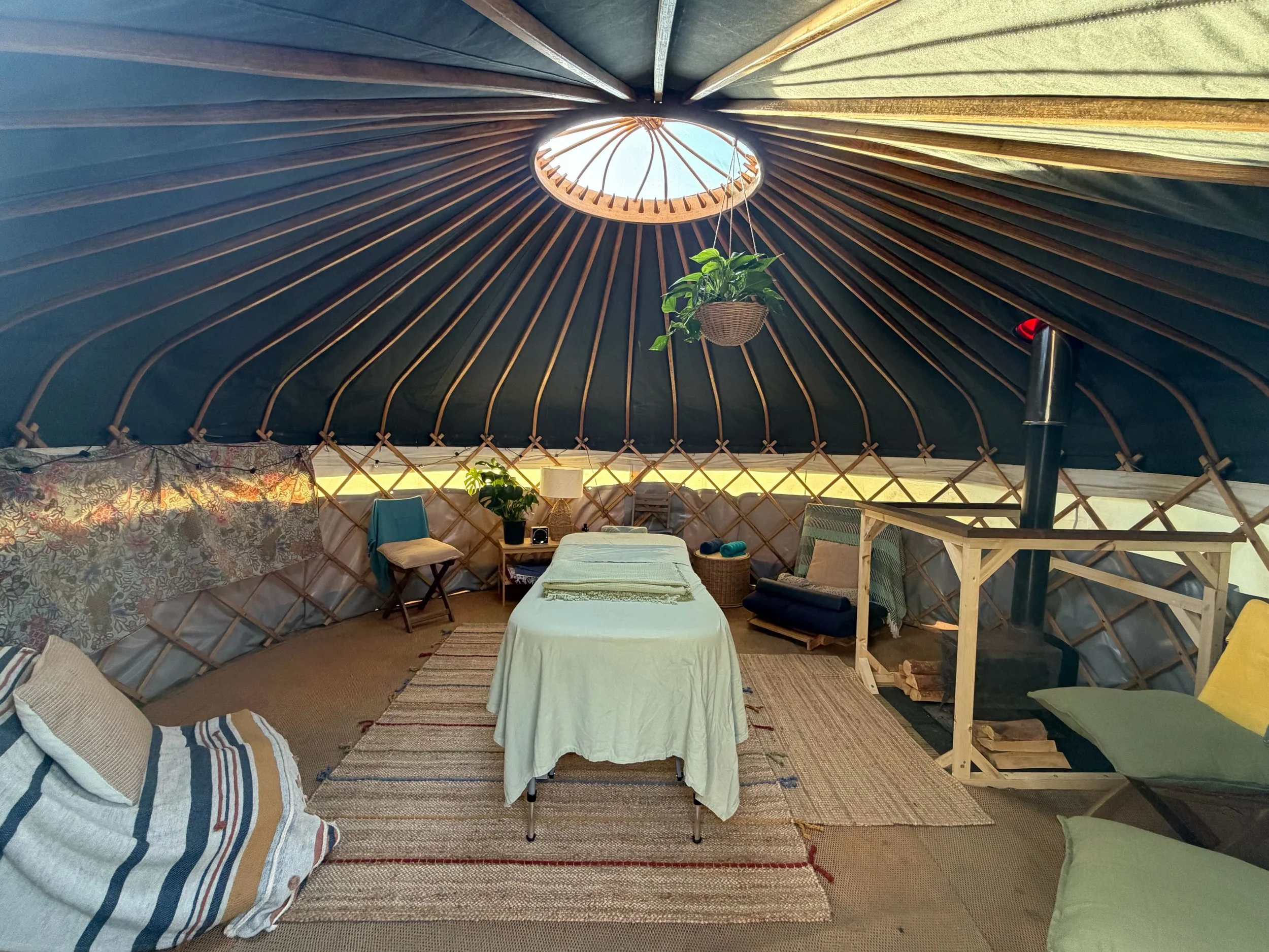 a therapies yurt with massage table at camberwell community sauna baths London