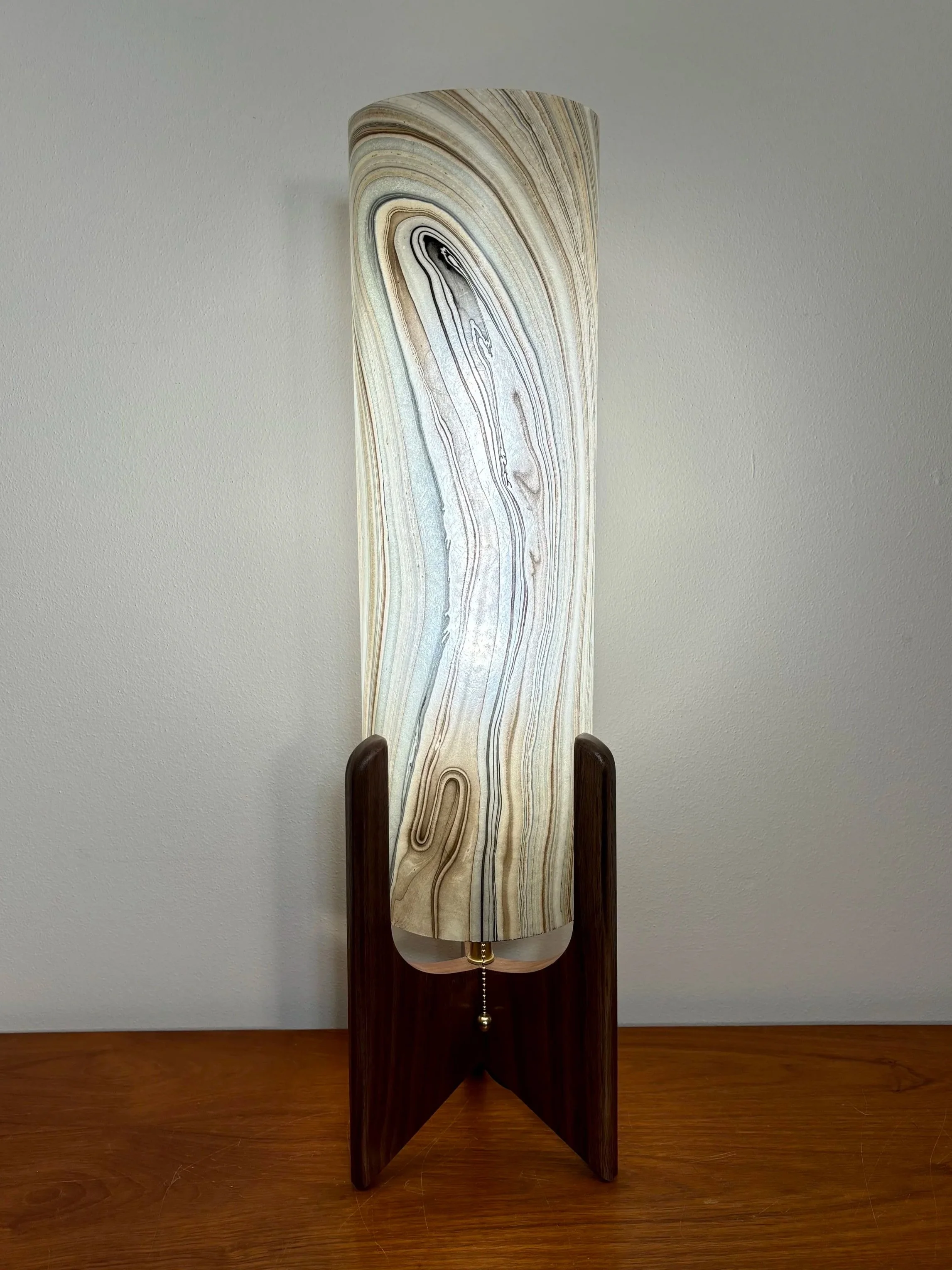 Mid Century Modern Walnut Table Lamp with Marbled Fiberglass Shade #2