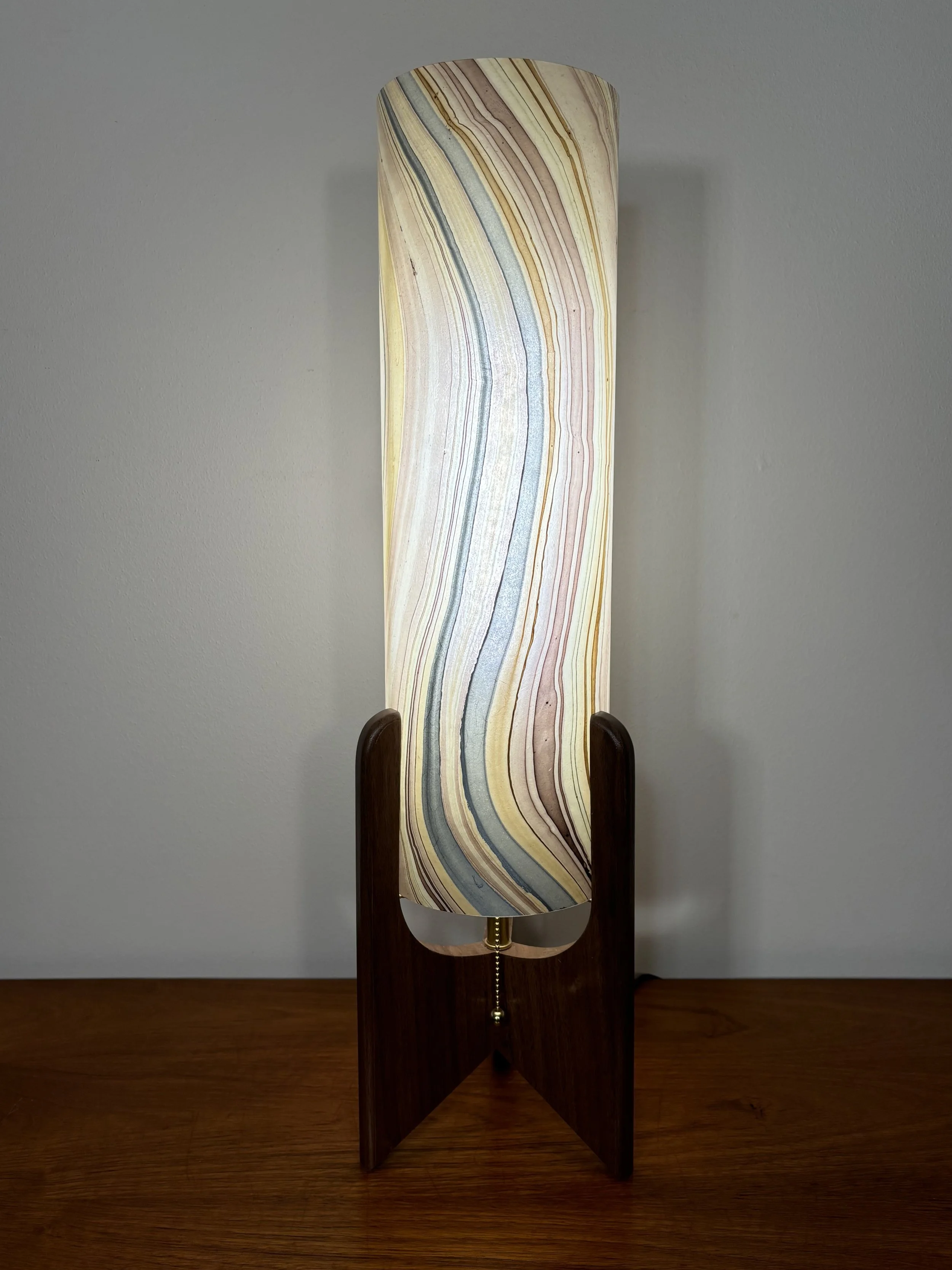 Mid Century Modern Walnut Table Lamp with Marbled Fiberglass Shade #4