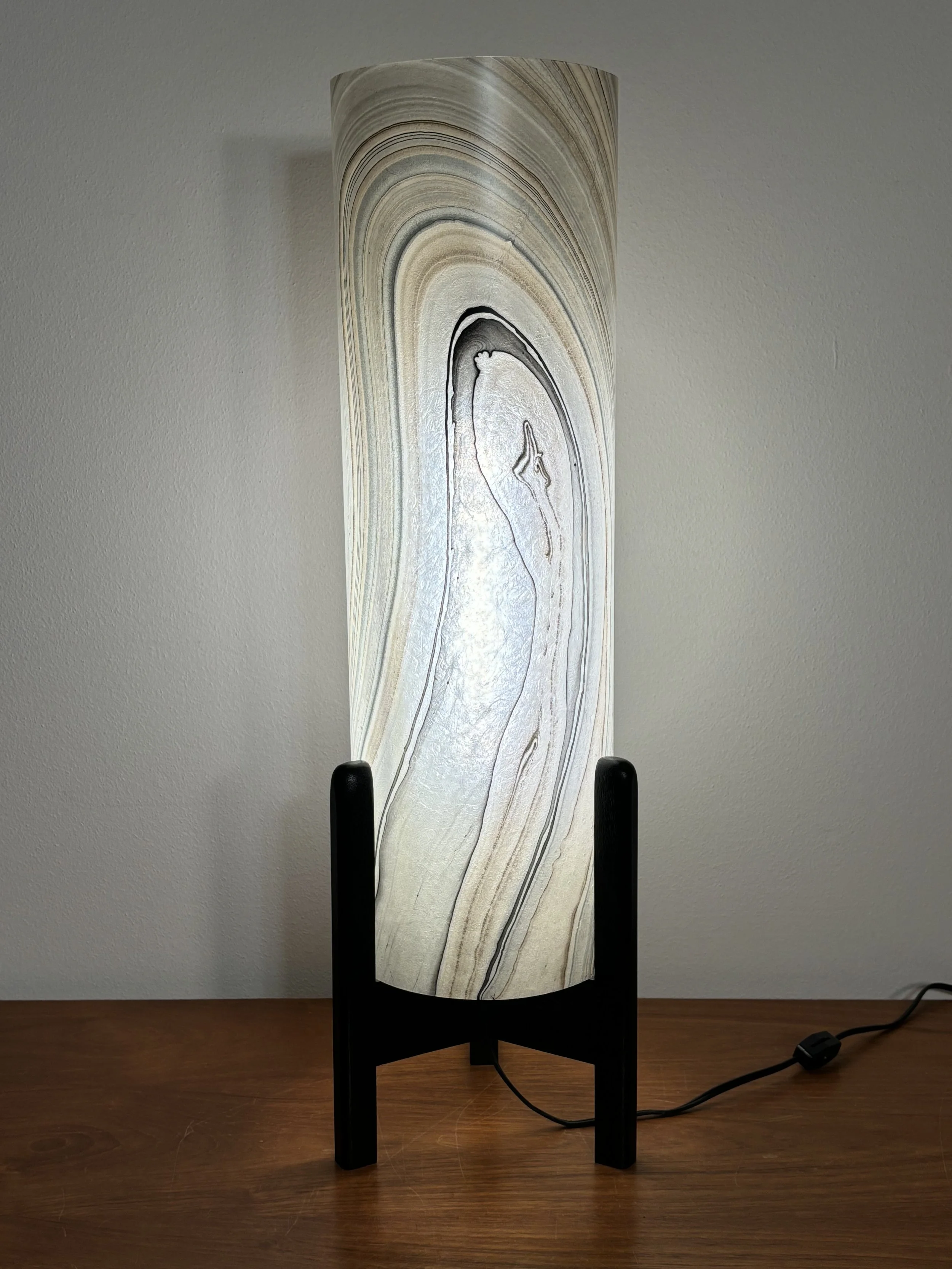 Mid Century Modern Walnut Table Lamp with Marbled Fiberglass Shade #1