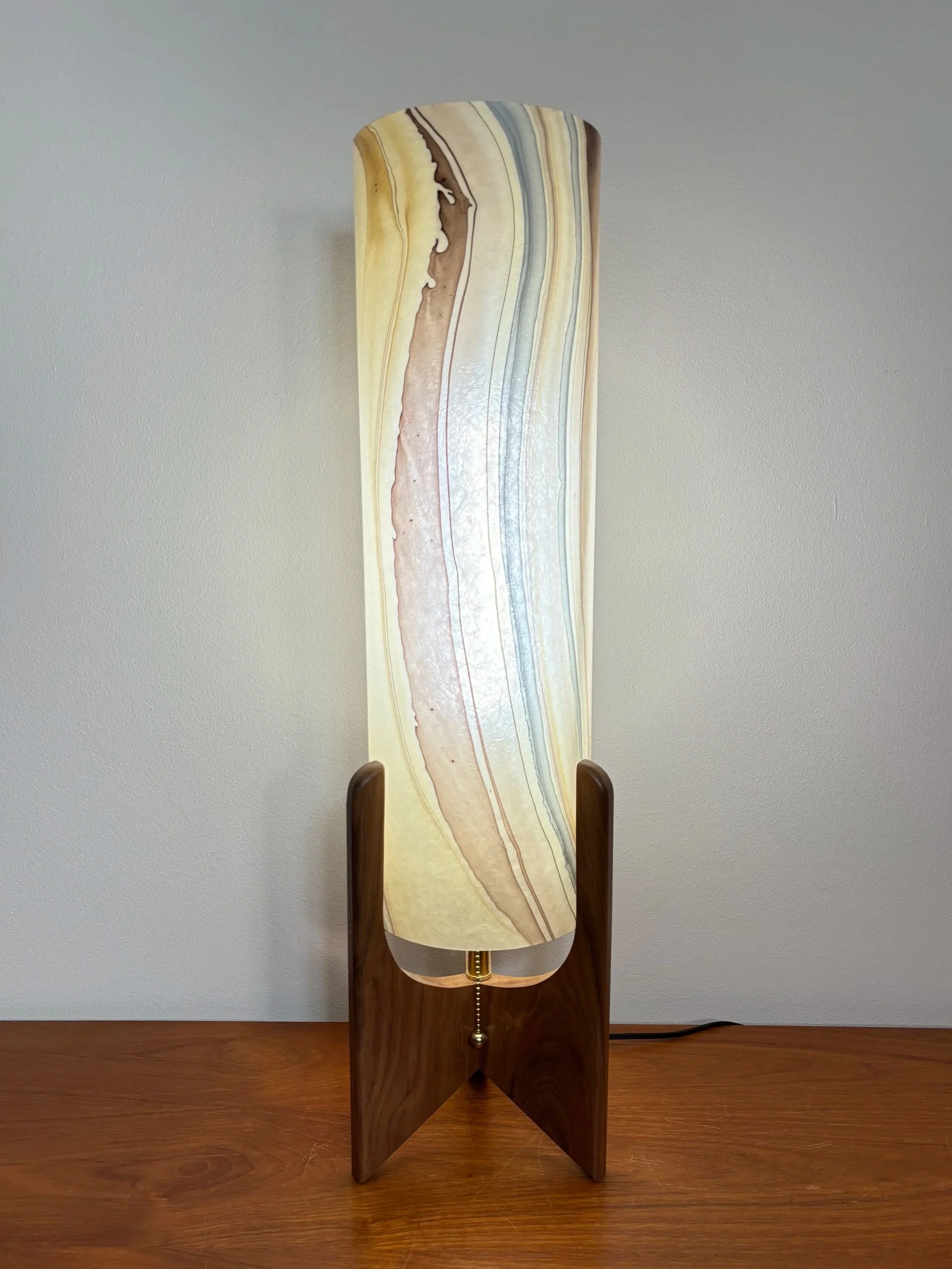 Mid Century Modern Walnut Table Lamp with Marbled Fiberglass Shade #3