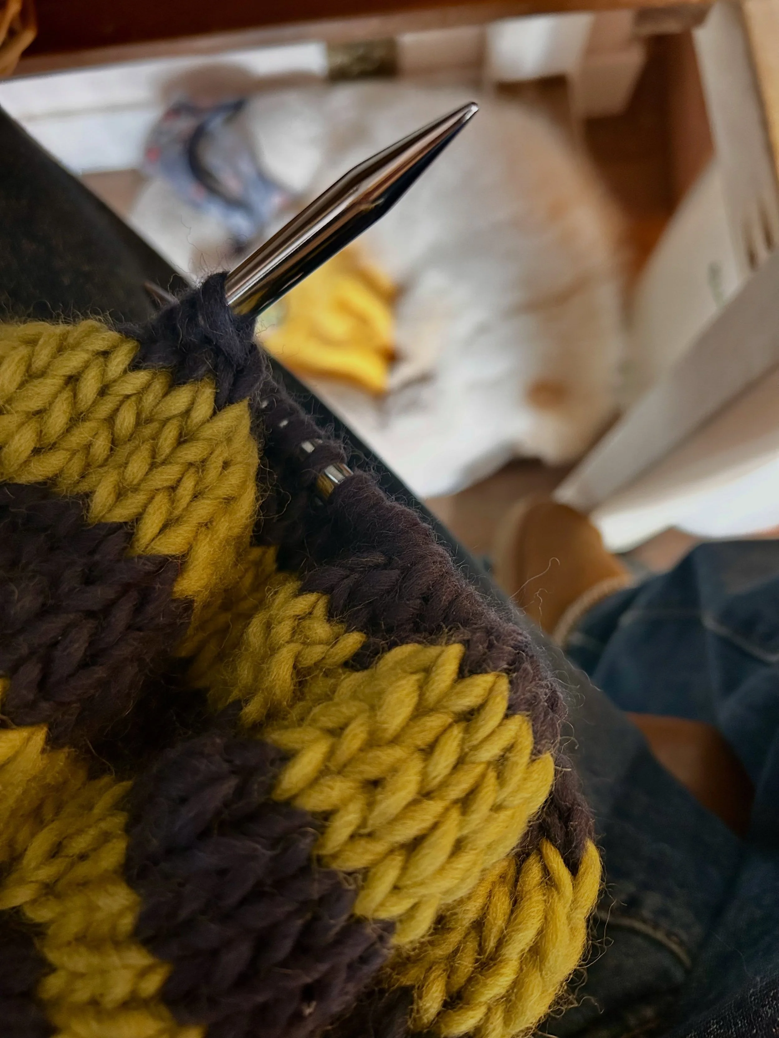 Day 1 🐝 

Chunky stripes, we can all agree that stripes are IN right now, especially with knitters. From the Olga sweater to the sailor slippers, contrasting and bold stripes are all over my pages. And I&rsquo;m loving every second of it! 

I don&rs