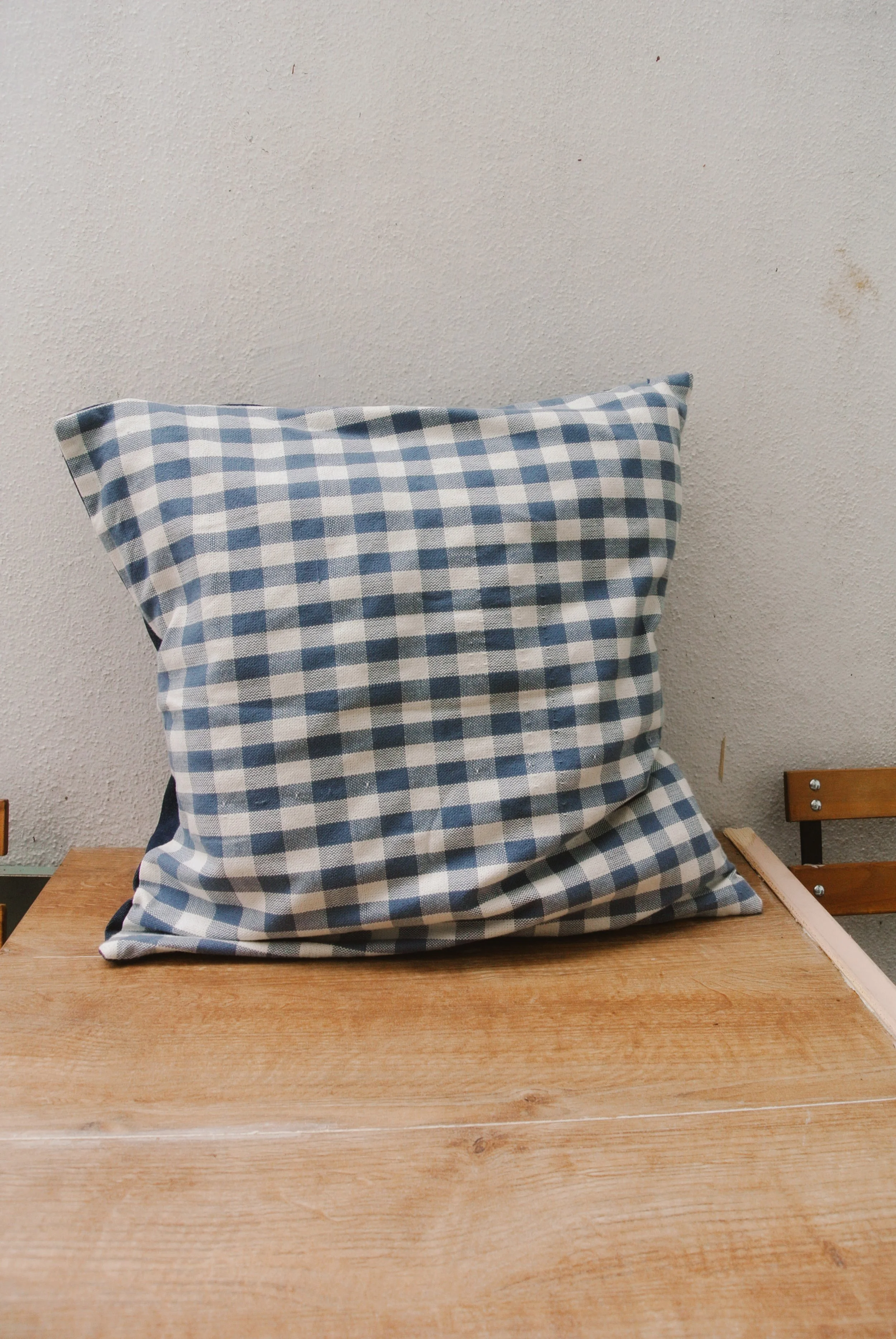 Handwoven Blue Gingham and Recylced Denim Pillow Case 50x50cm