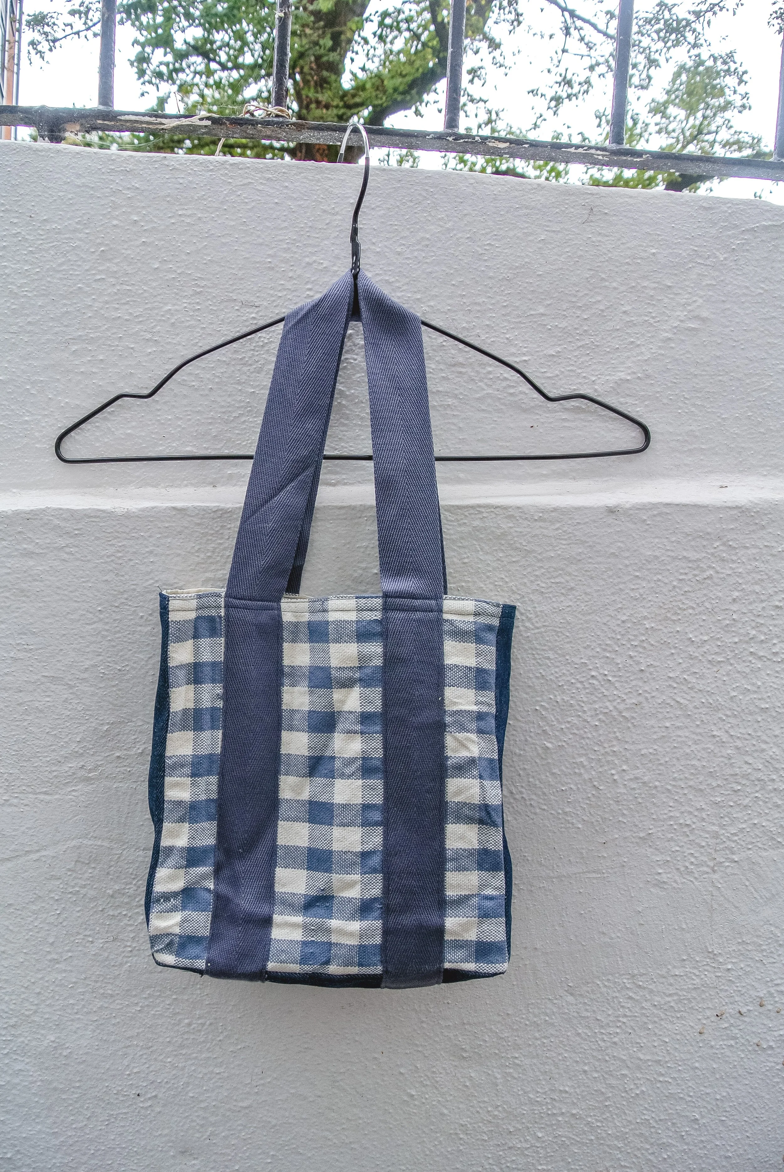 Handwoven Blue Gingham and Recycled Denim Mini Tote