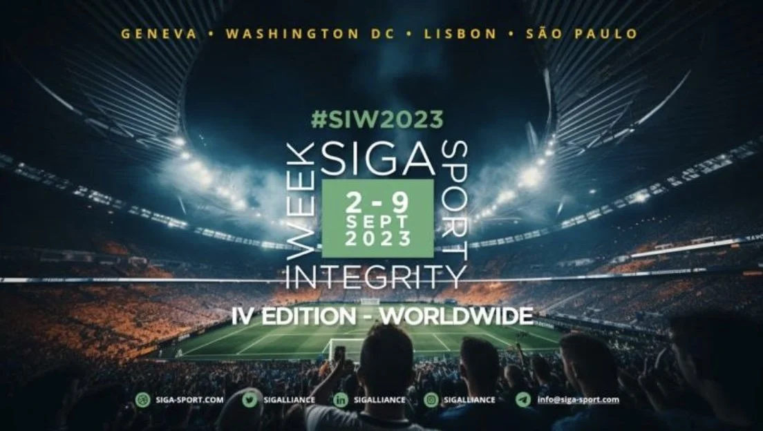 A stadium filled with spectators at night with bright lights shining into the sky, advertising an international sports event in September 2023, with locations listed as Geneva, Washington D.C., Lisbon, and São Paulo.