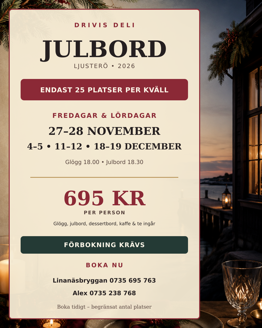 Julbord 2026 på Drivis Deli och Café vid Linanäsbryggan