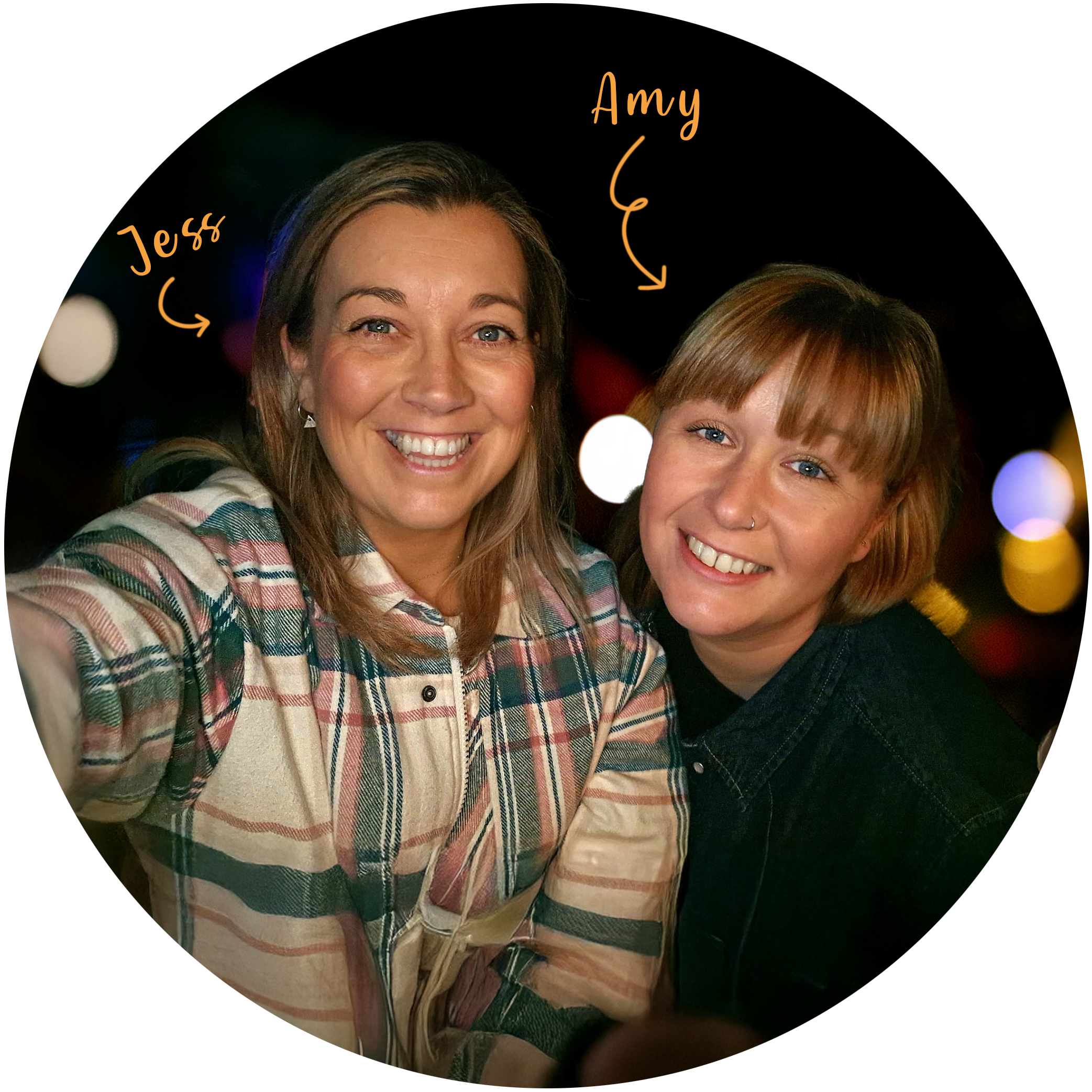 Two women smiling, with arrows pointing to each with labels Amy & Jess.