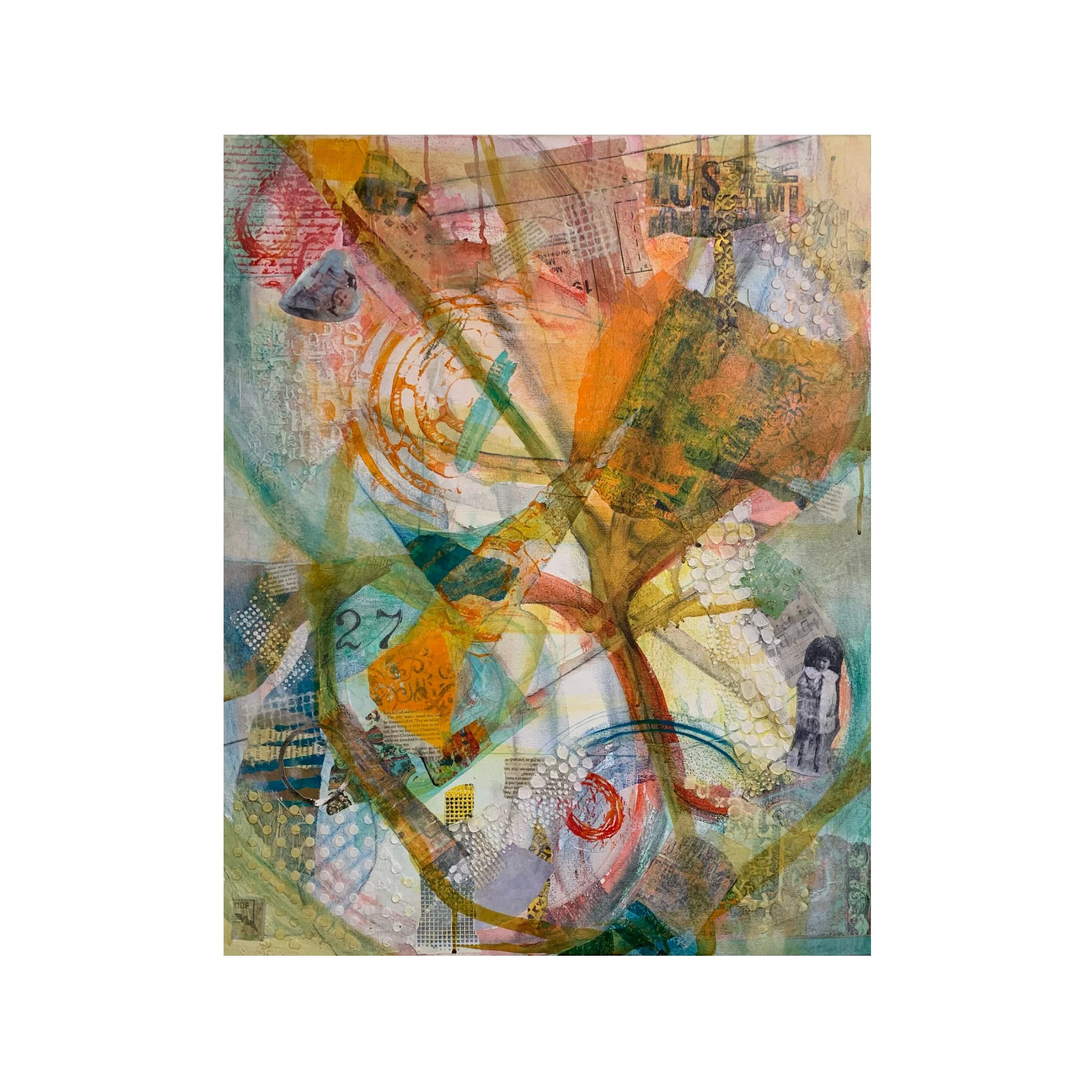 27, 2025,
30 x 24 inches,
Acrylic, paper, pencil on canvas,
Artist: Linda DeRosa