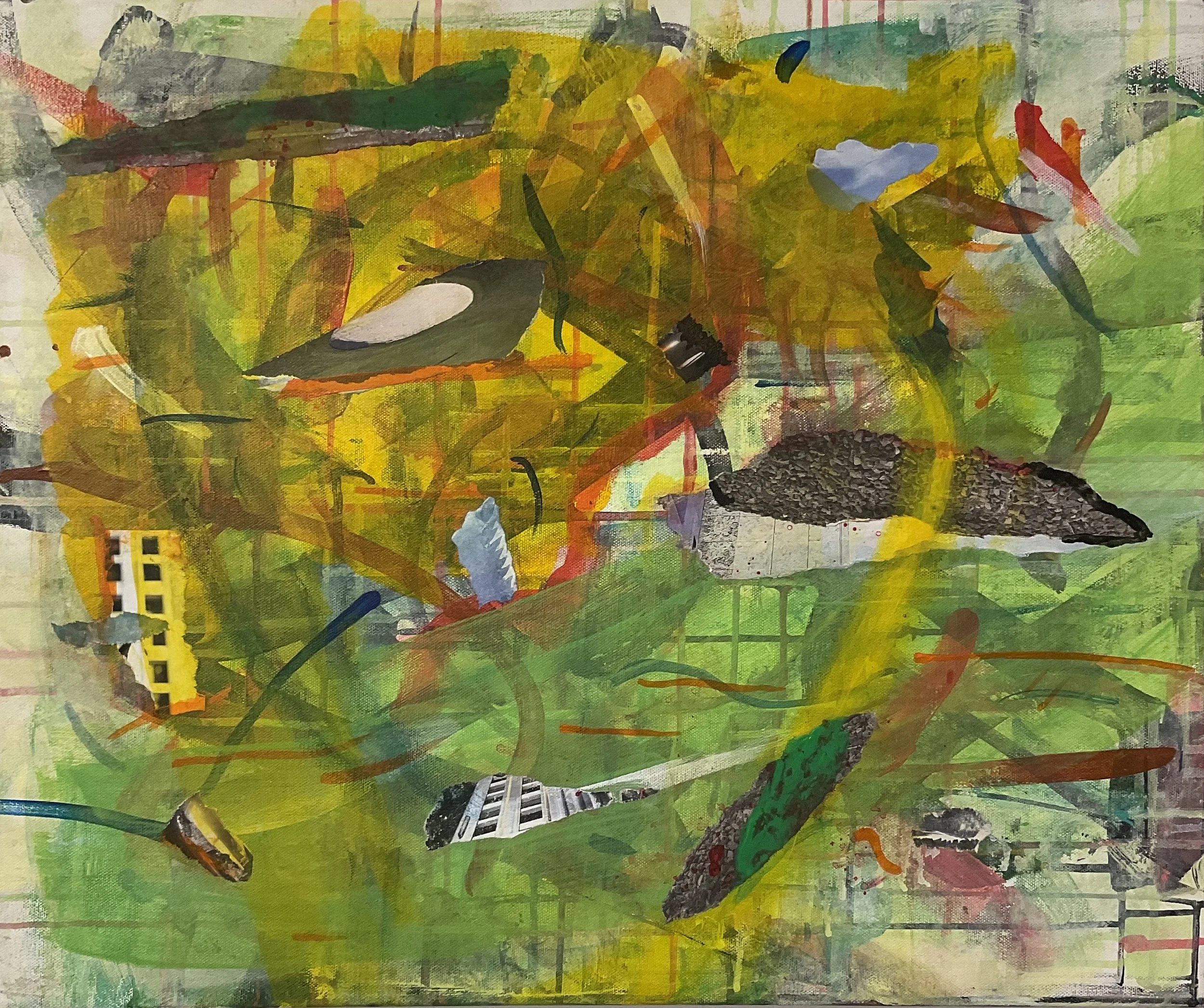 Perry Bennett,
Occulum, 2026,
20 inches x 24 inches,
Acrylic, collage, pastel, pencil on canvas