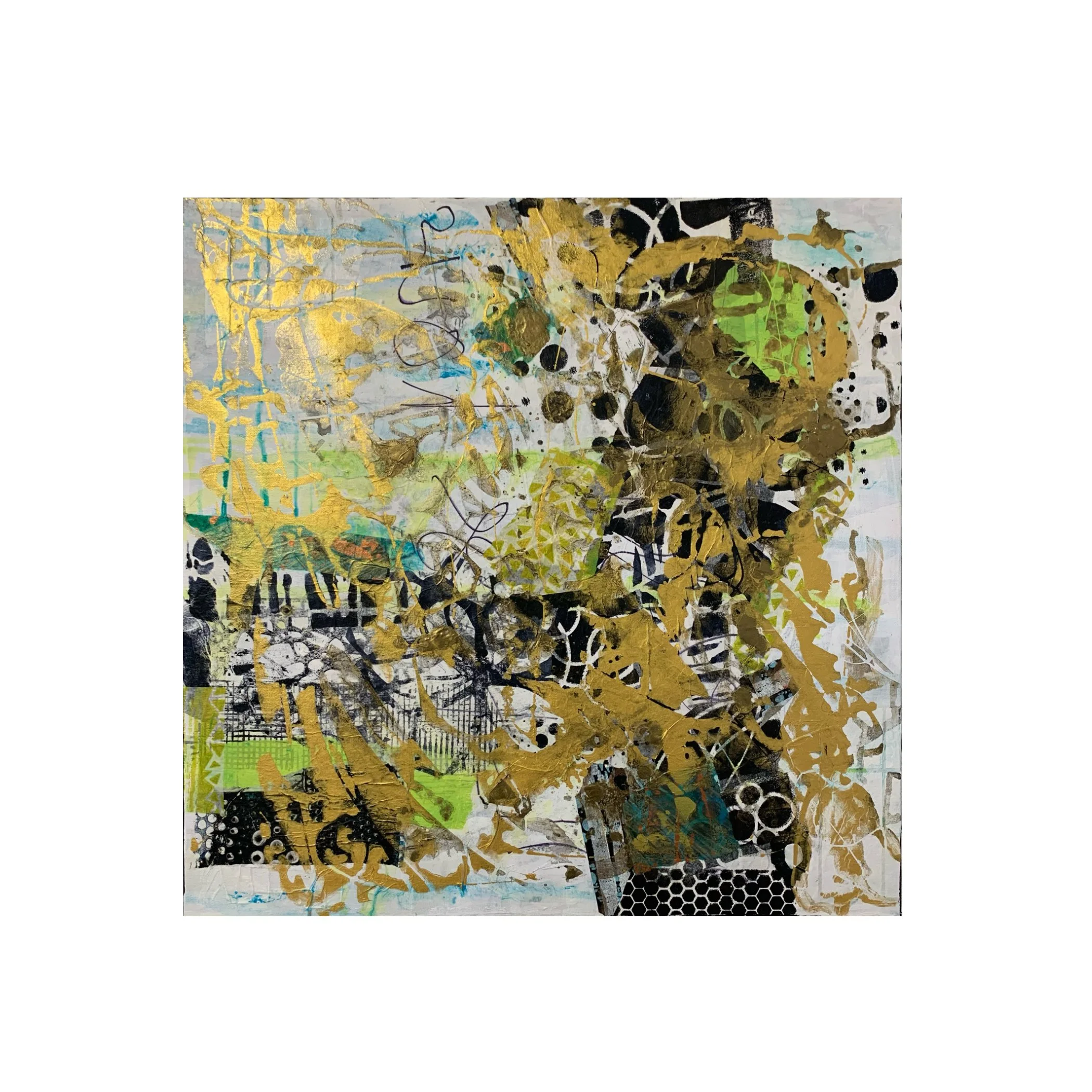 Skyscraper halo, 2025,
24 x 24 inches,
Acrylic, paper, ink on canvas,
Artist: Debbie Ceres