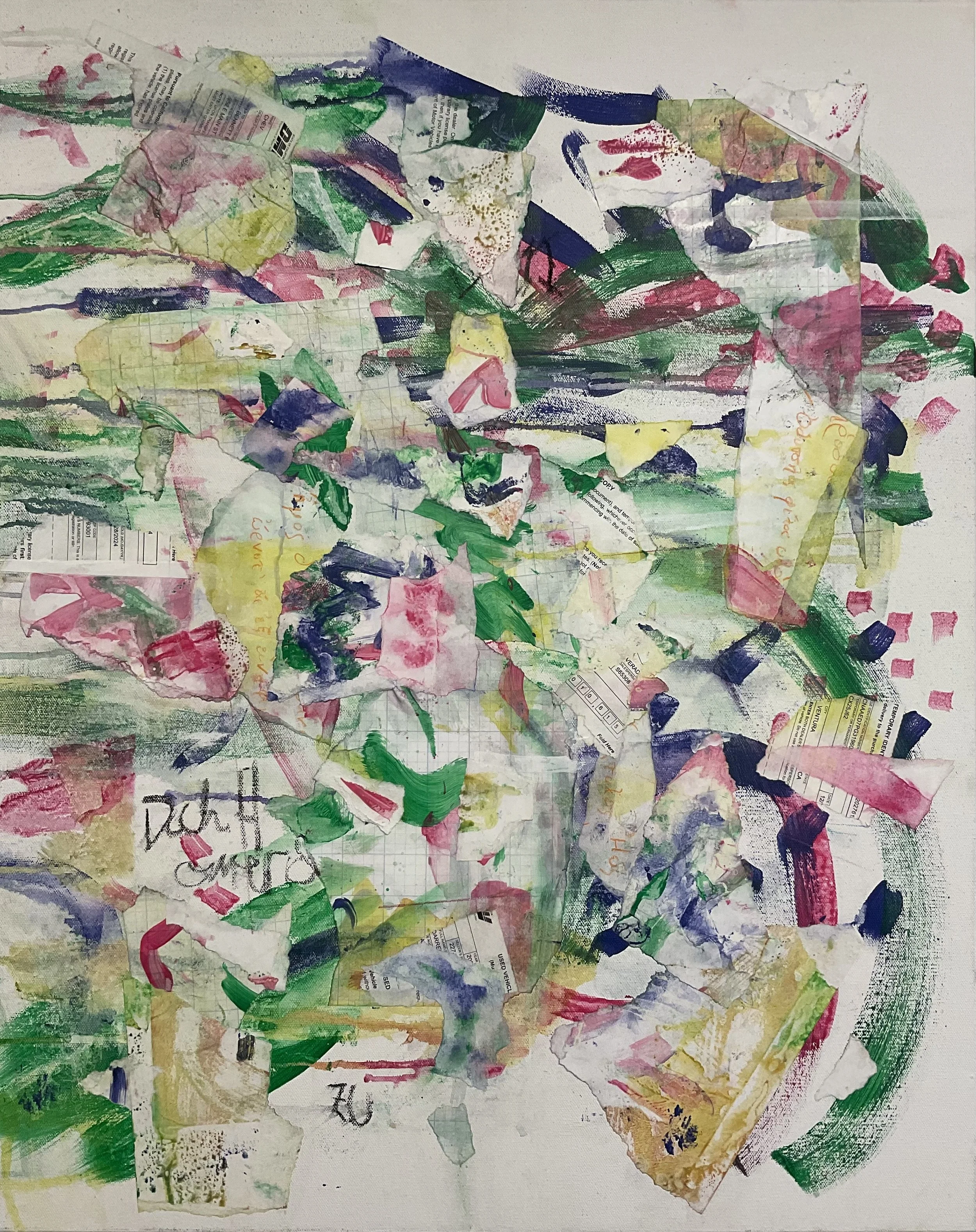 Perry Bennett, 
Ionia, 2026,
30 inches x 24 inches,
Acrylic, collage, pastel, pencil on canvas