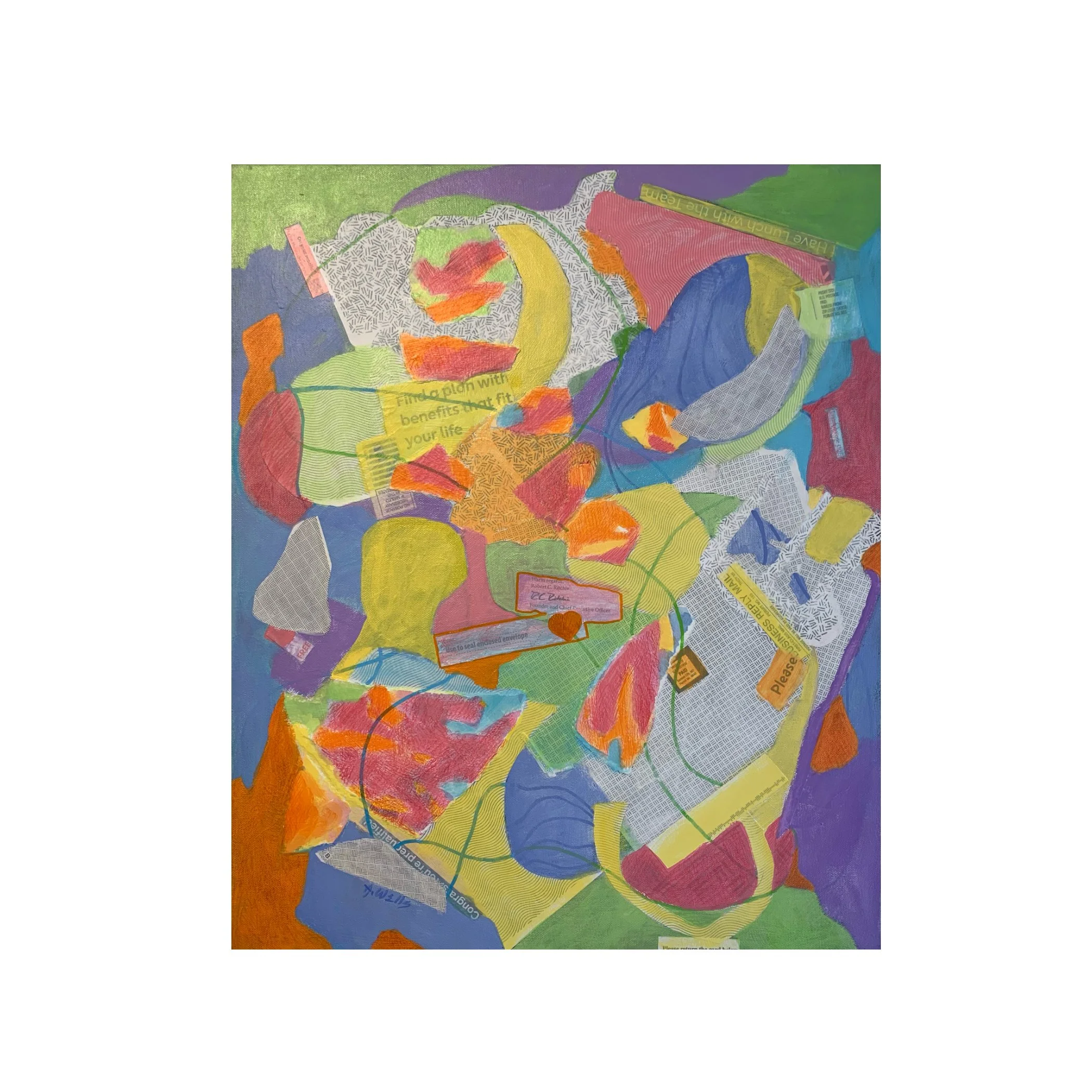 Junk mail, 2025,
20 x 16 inches,
Acrylic, paper, ink on canvas,
Artist: Arlene Wells