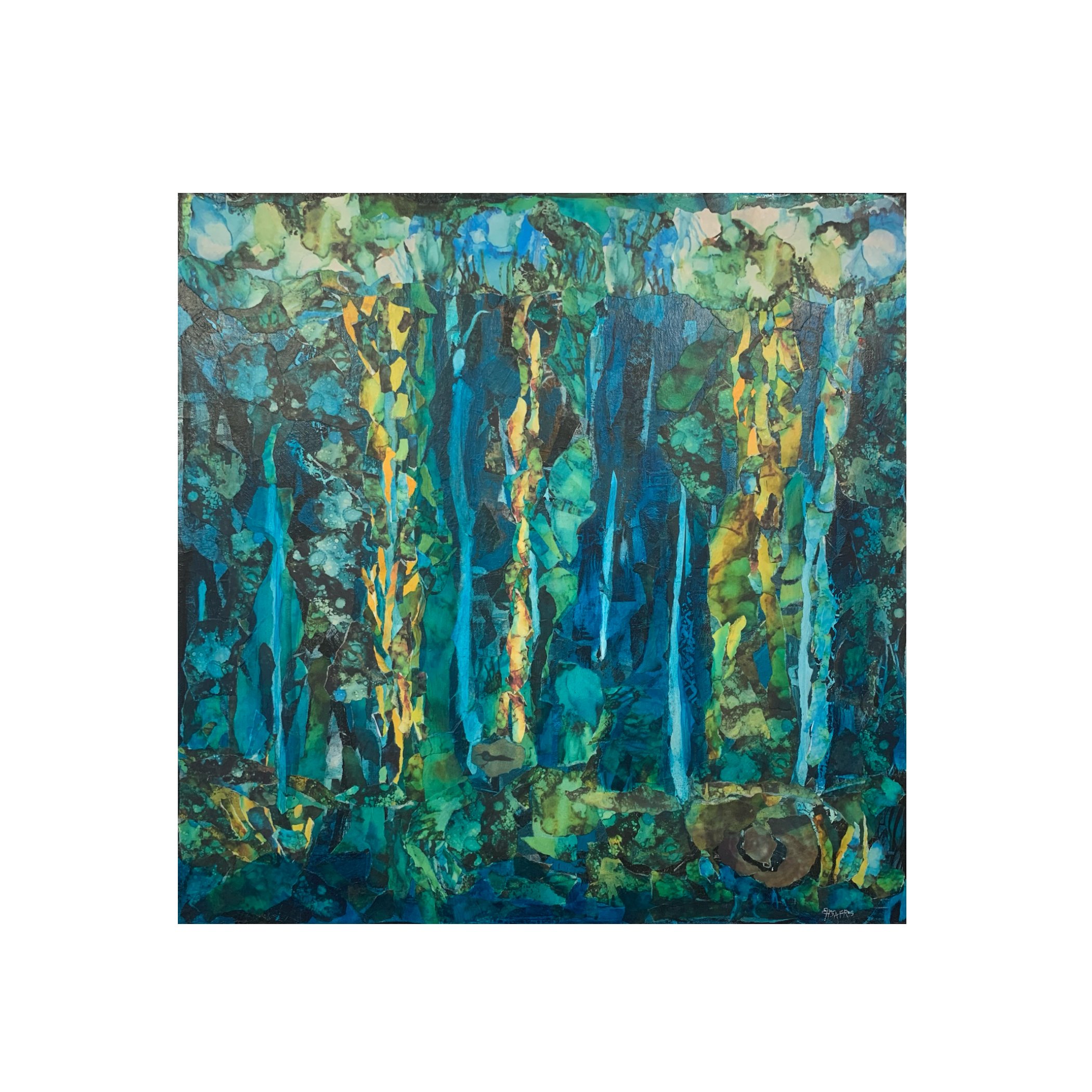 The sacred garden, 2025,
24 x 24 inches,
Acrylic and collage on canvas,
Artist: Ellen Hosafros
