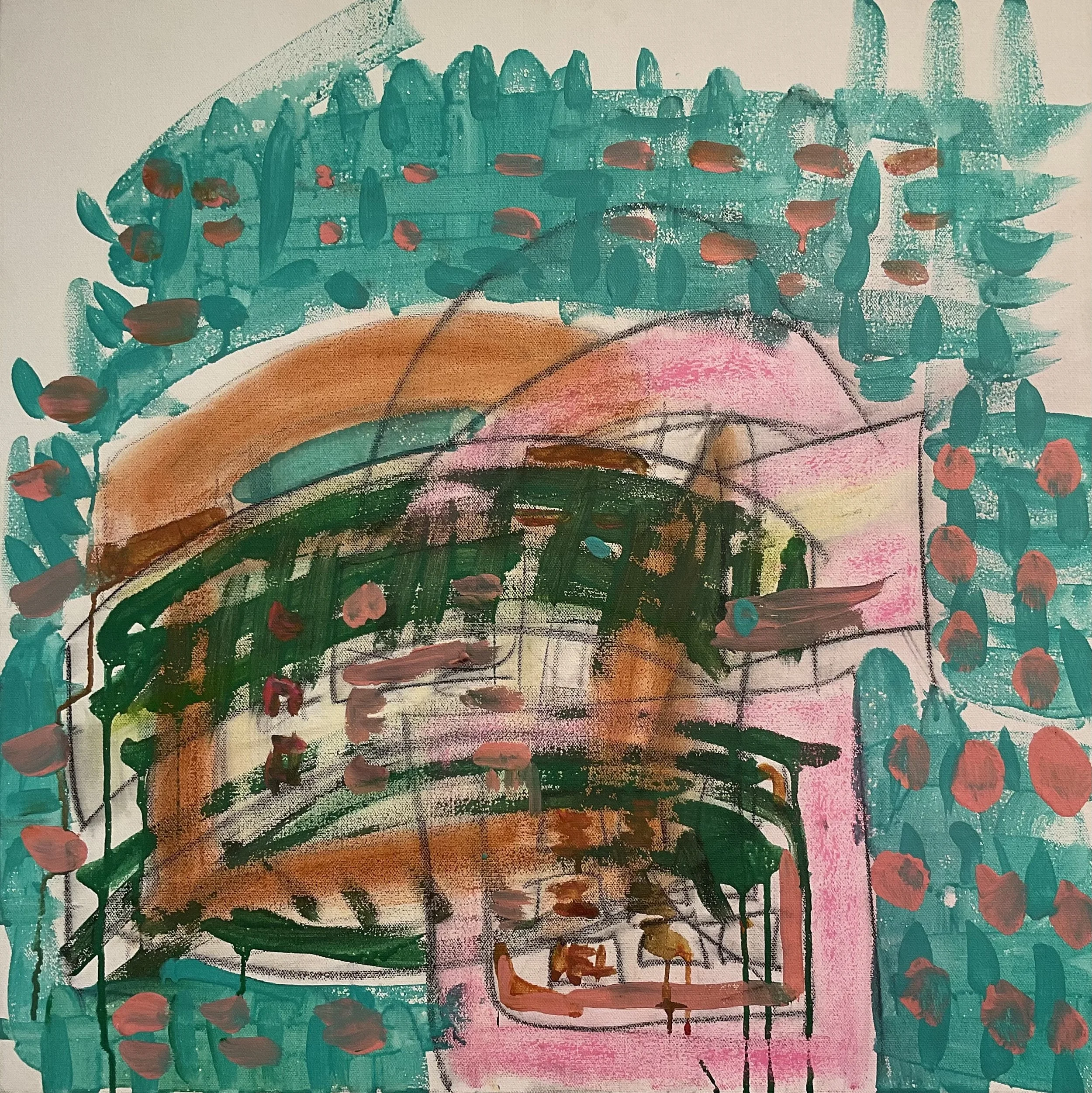 Perry Bennett,
Touch tone on a trim line, 2026,
24 inches x 24 inches,
Acrylic, pastel pencil on canvas