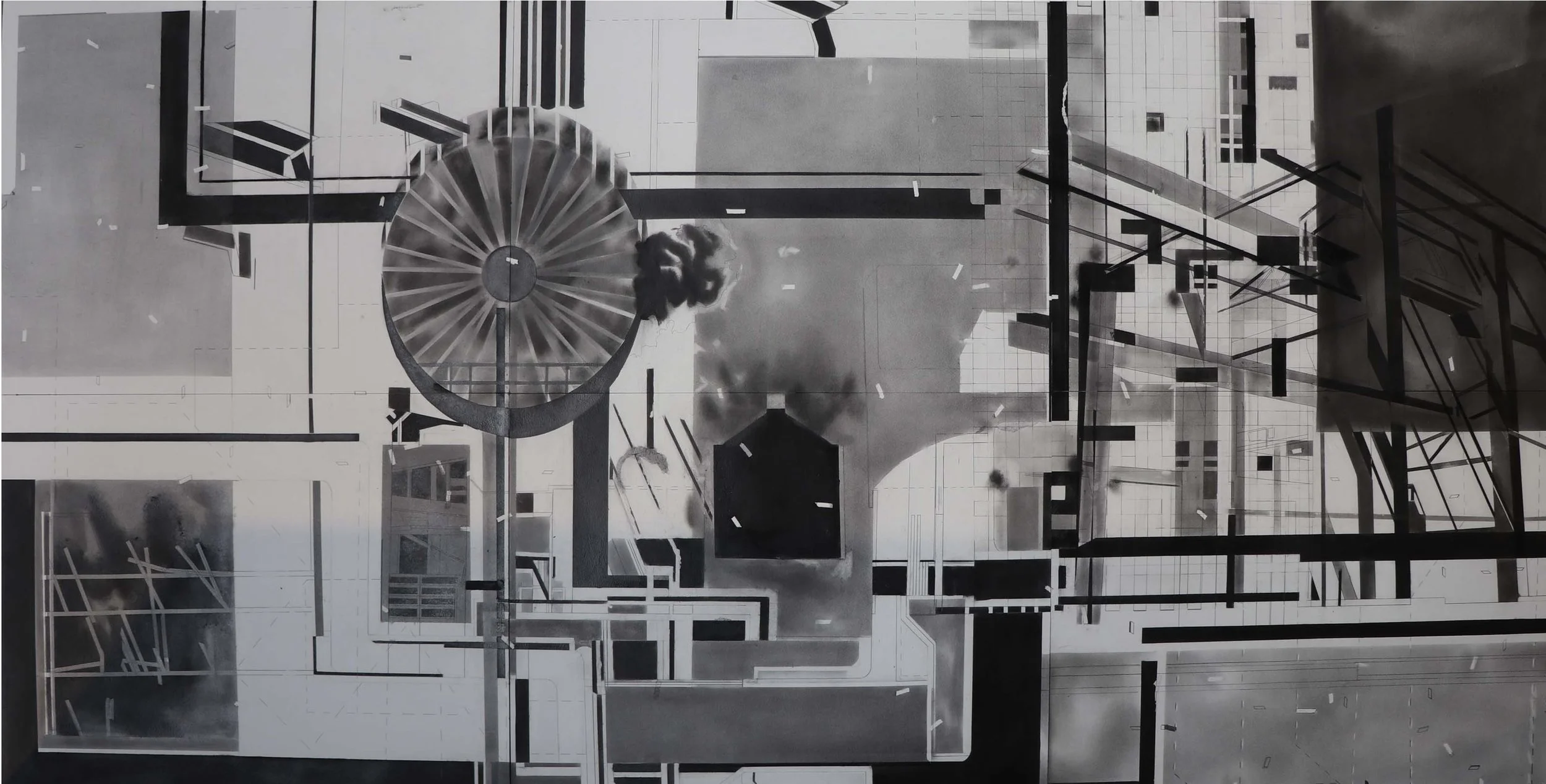 Unbroken industrial site,
44 x 90 CM,
Graphite, charcoal on Fabriano Paper,
Diptych 2020