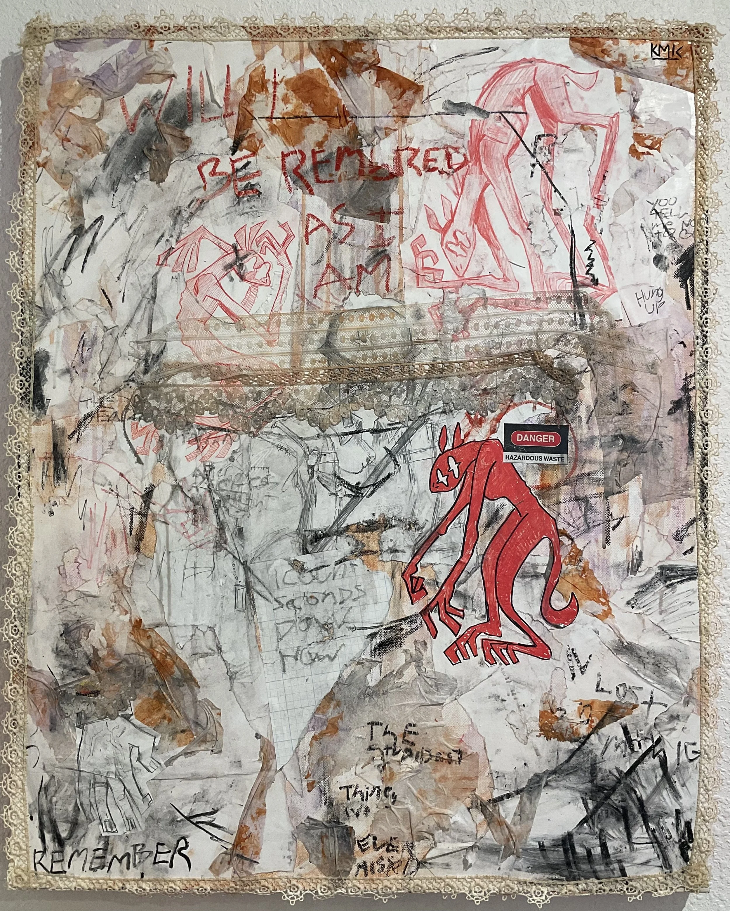 Keilee Caltagirone,
The stupidest thing I’ve ever missed, 2026,
30 inches x 24 inches,
Acrylic, collage, pencil on canvas