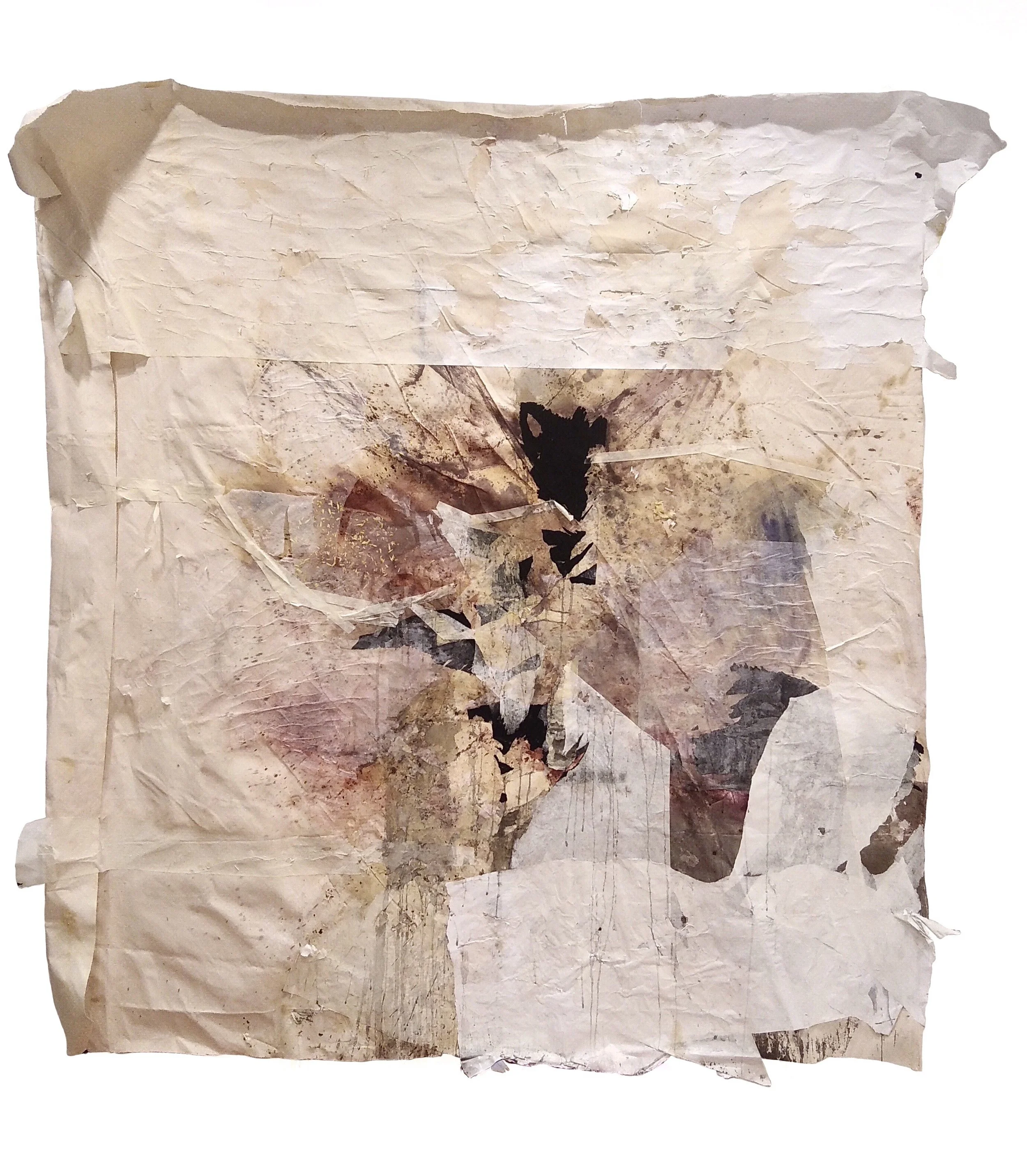 Un abismo hacia la vida,
85 x 77 inches,
Oil, acrylic, spray paint, linseed oil, paper, canvas cutouts, on canvas,
2021