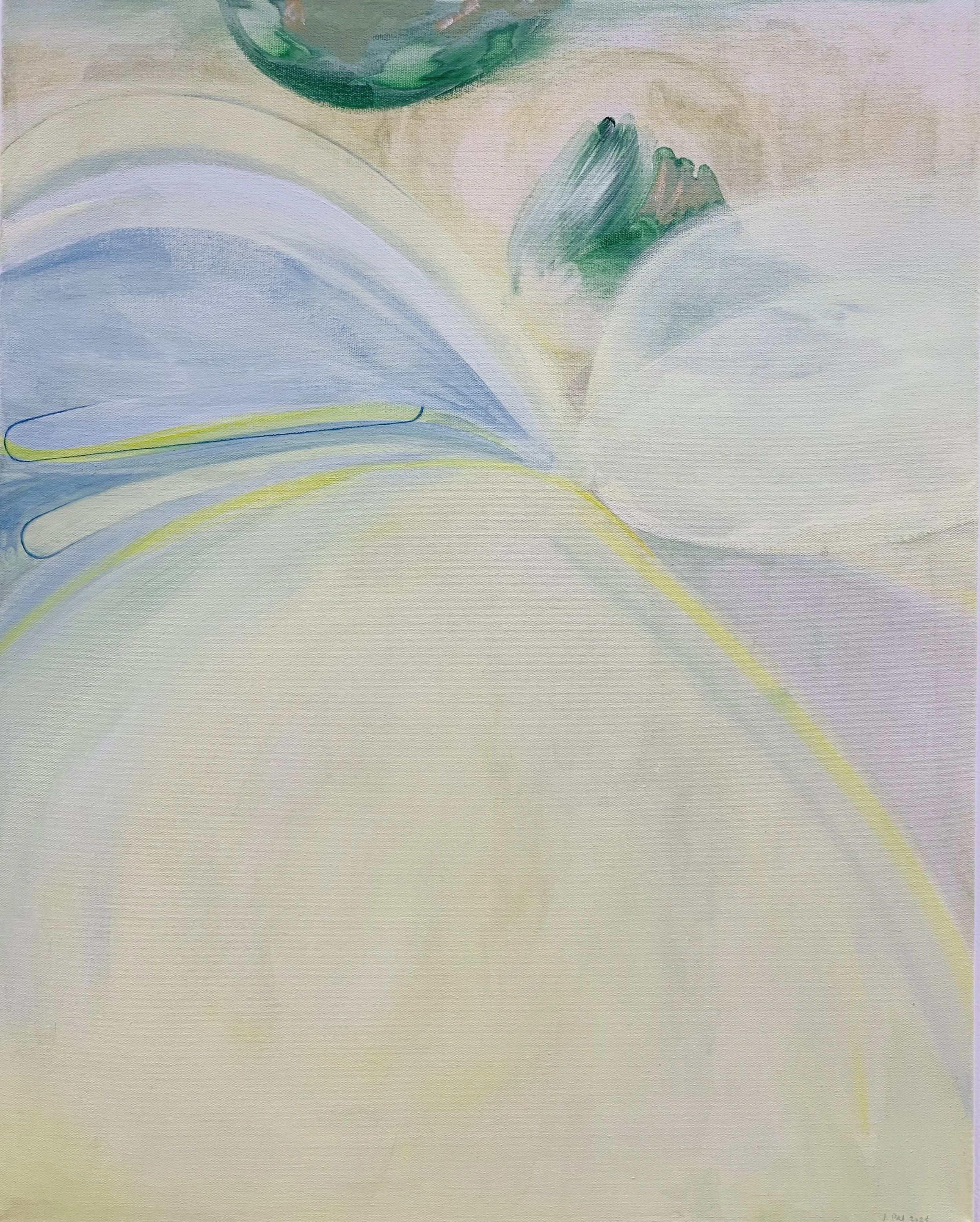 Petals of Plumeria (Frangipani) in the morning light,
29 1/2 x 23 3/5 inches,
Acrylic, Chalk, Pencil on Canvas,
2021