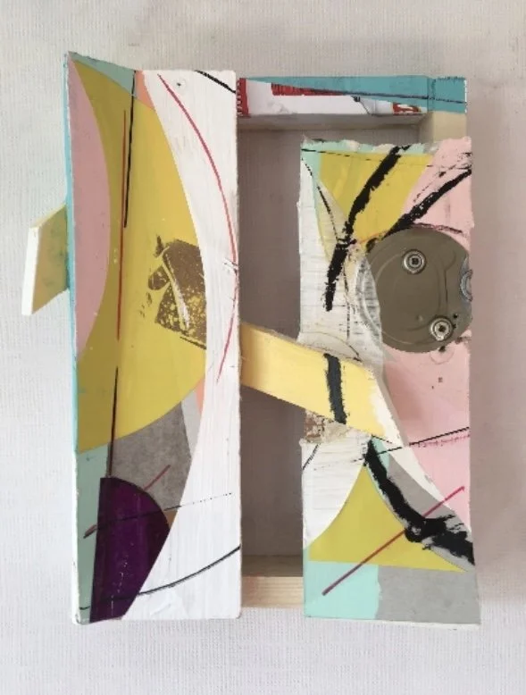 #A4baroque 2, 
12 x 10 inches
Plasterboard, wood, acrylic, gypsum, varnish, tape, vinyl, tin, and marker,
2023
