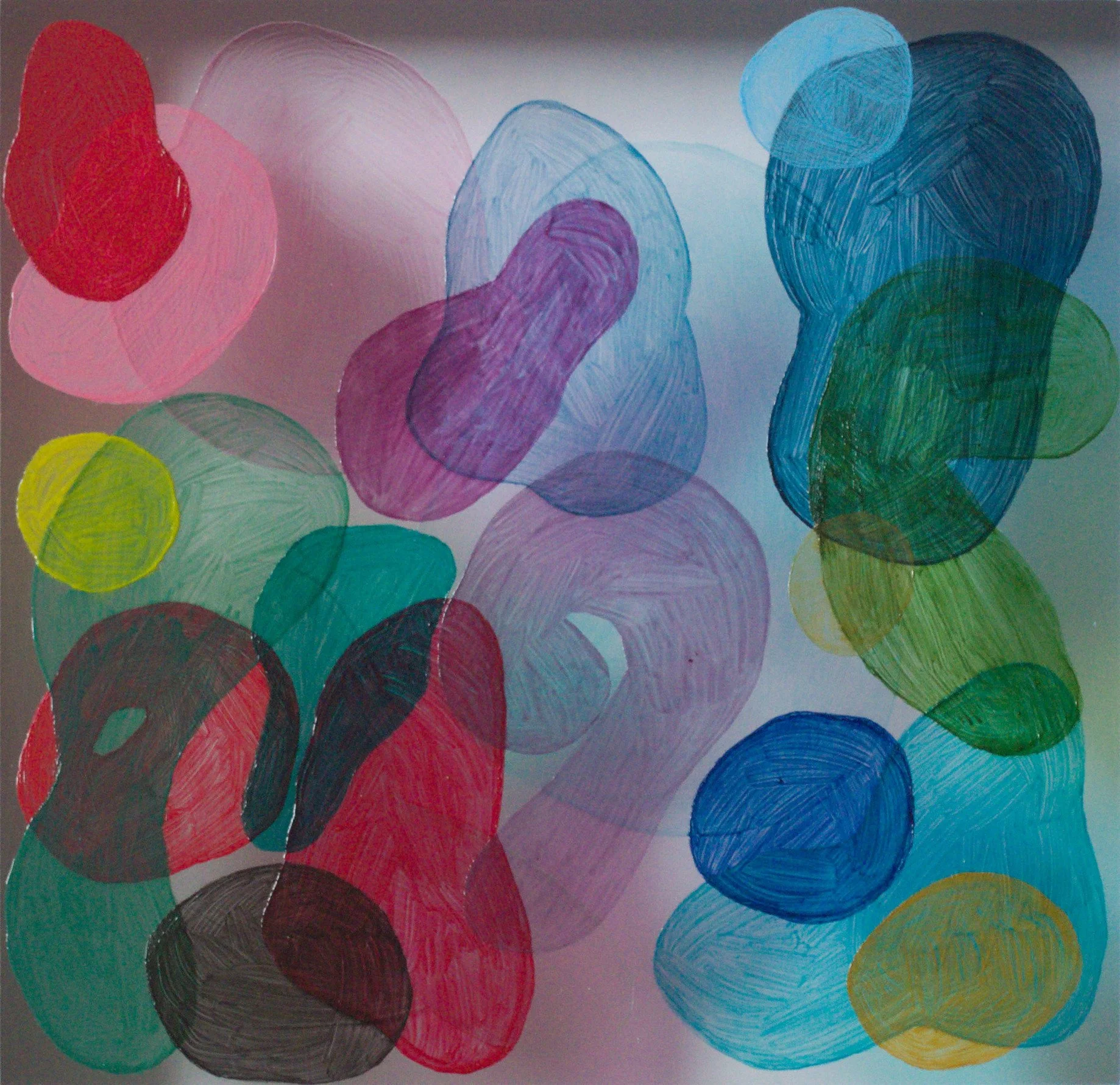 Chaotic star birth,
9 1/2 x 9 1/2 inches,
Acrylic on polyester film,
2022