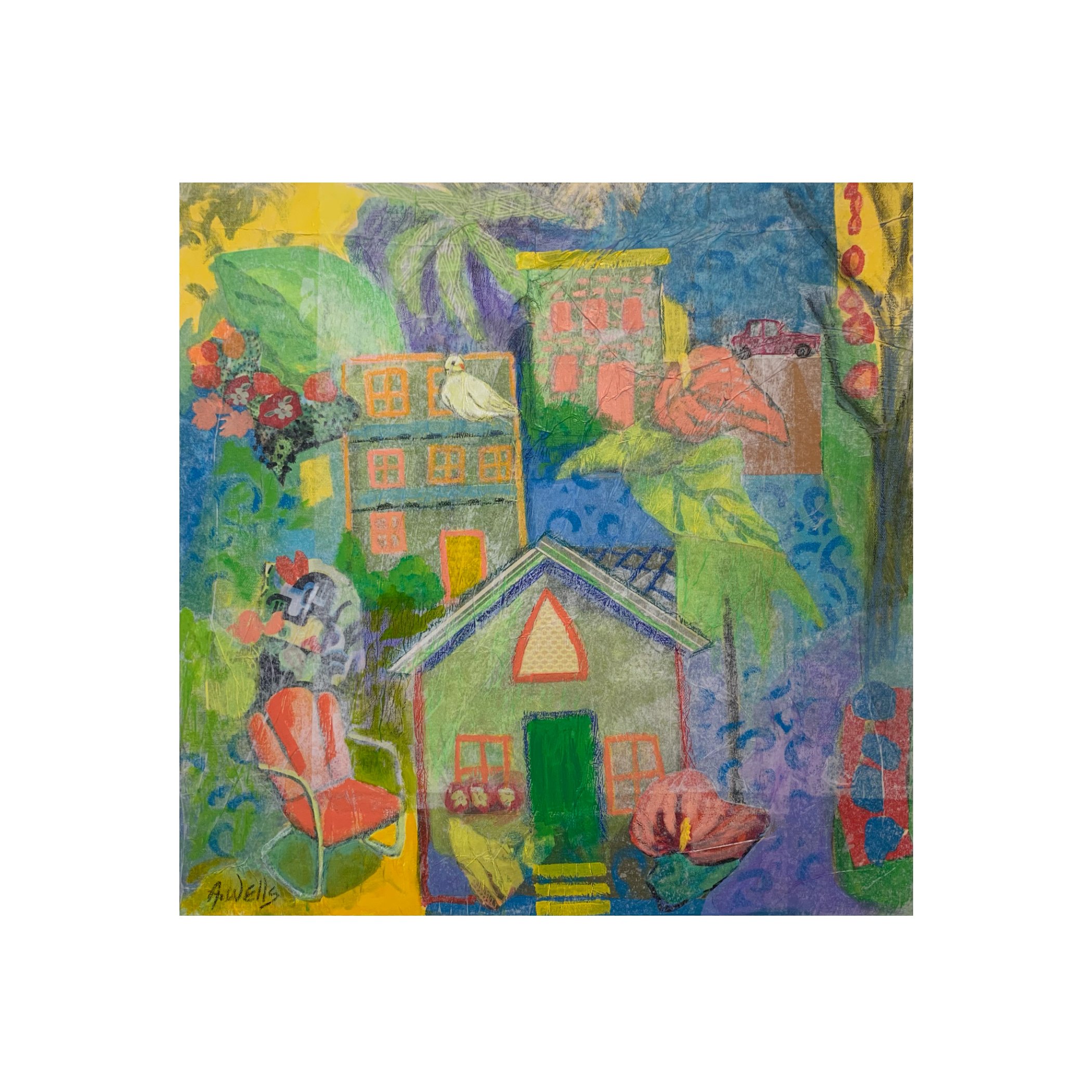 Escape, 2025,
24 x 24 inches,
Acrylic, pastel, collage on canvas,
Artist: Arlene Wells