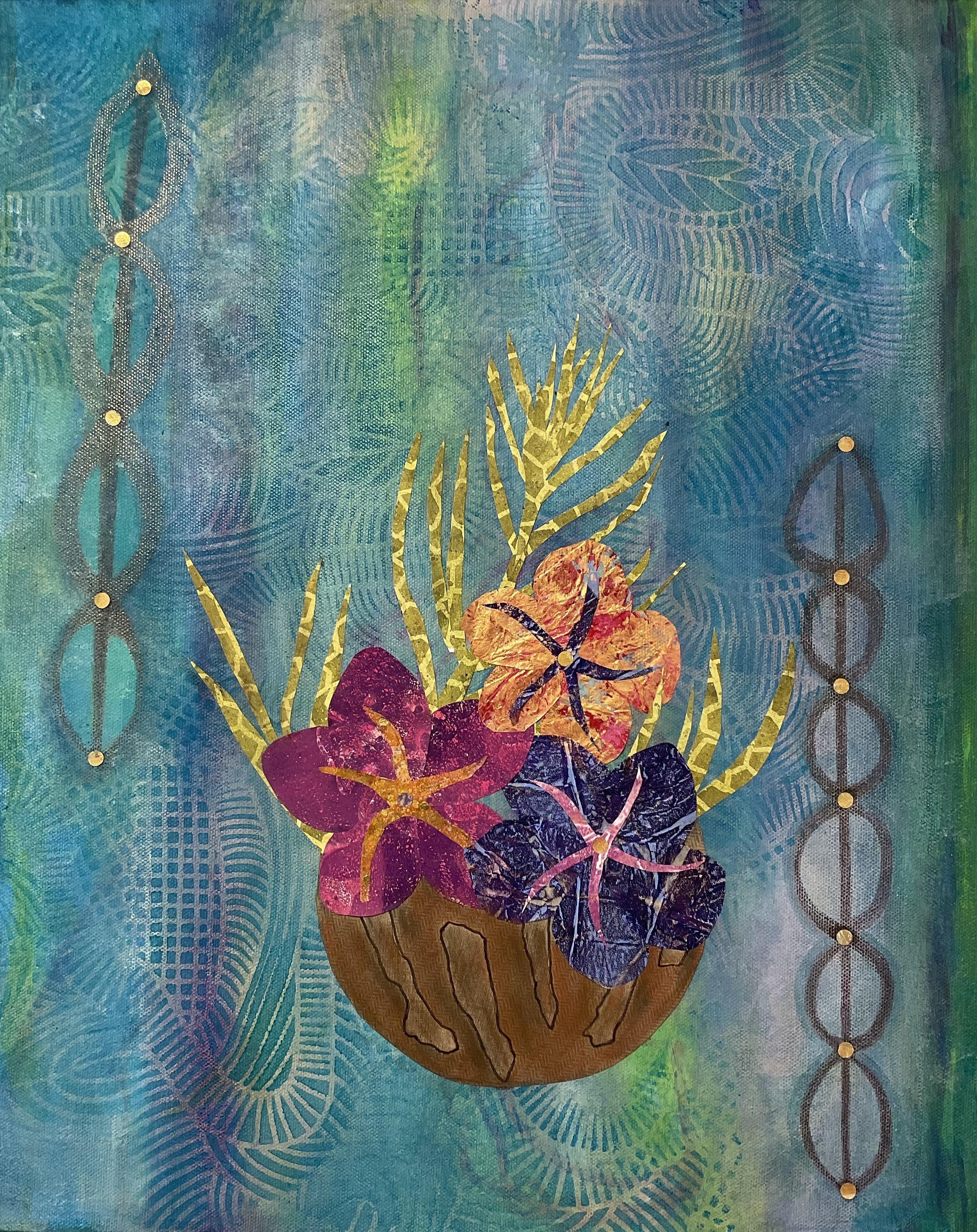 Cynthia Alicea,
Hawaiian dreams, 2026,
20 inches x 16 inches,
Acrylic, collage on canvas