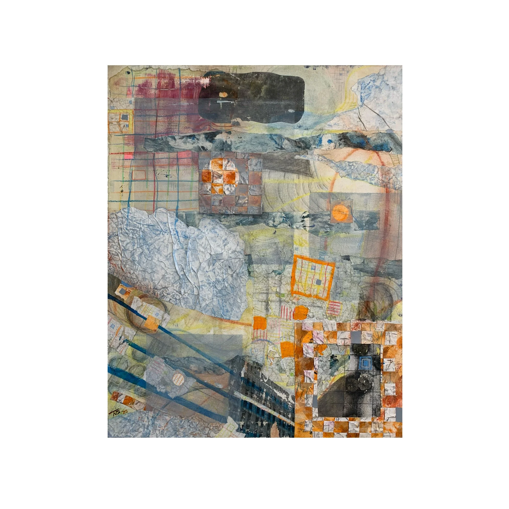 Echoes of weathered thoughts, 2025,
30 x 24 inches,
Acrylic, pastel, pencil, paper on canvas,
Artist: Tasha Strigle