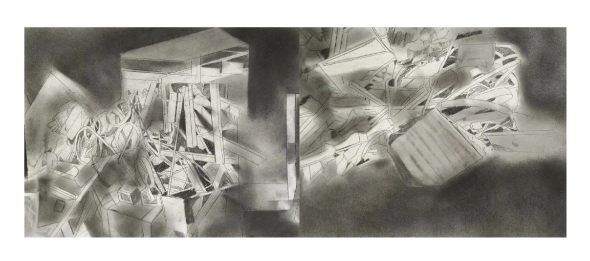 Industrial Scrap,
22 x 70 CM,
Graphite, charcoal on Fabriano paper,
Diptych 2020