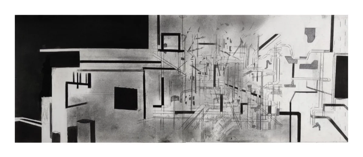 Industrial Construction,
22 x 70 CM,
Graphite, charcoal on Fabriano paper,
Diptych 2020