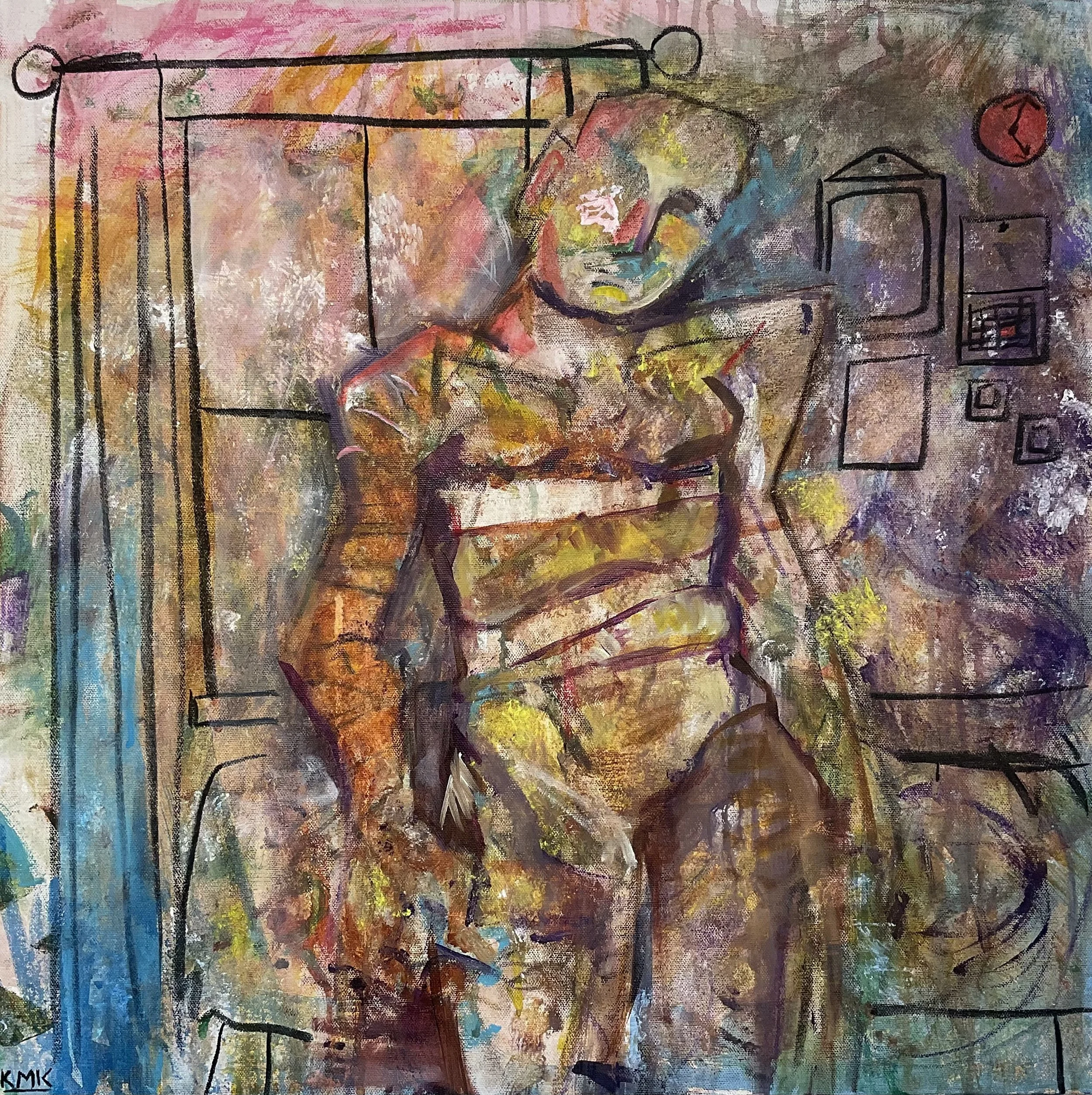 Keilee Caltagirone,
The time is now, 2026,
24 inches x 24 inches,
Acrylic, charcoal, pastel, pencil, on canvas
