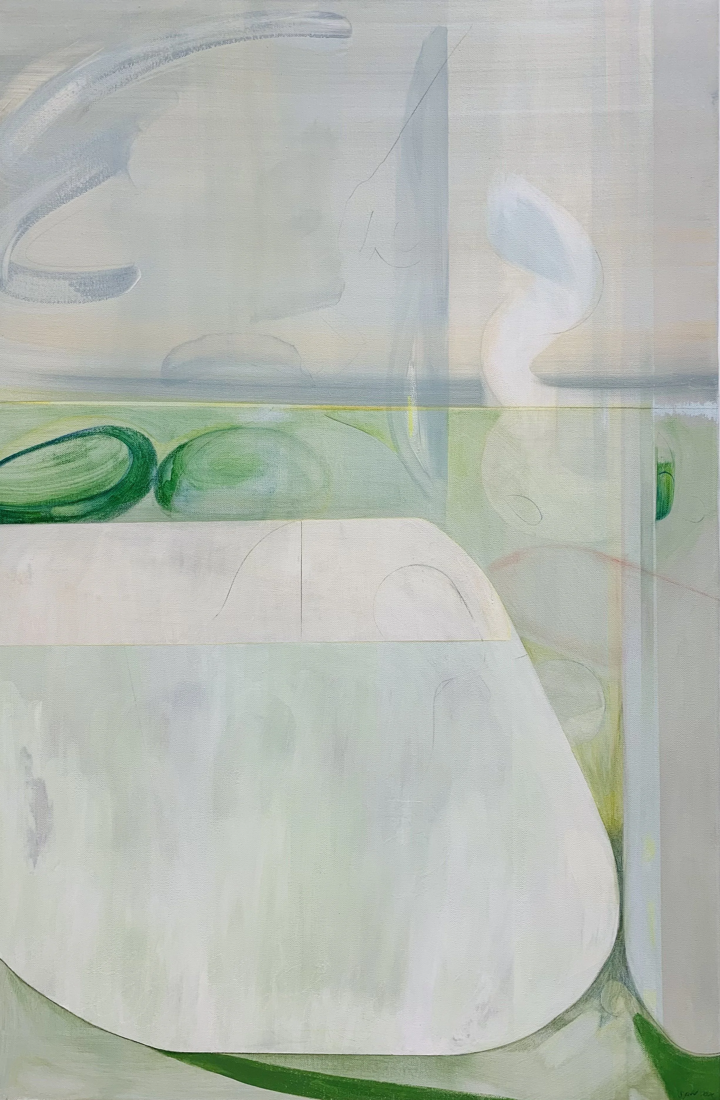 Sunset (with mirages),
35 2/5 x 23 4/5 inches,
Acrylic, Chalk, Pencil on Canvas,
2021