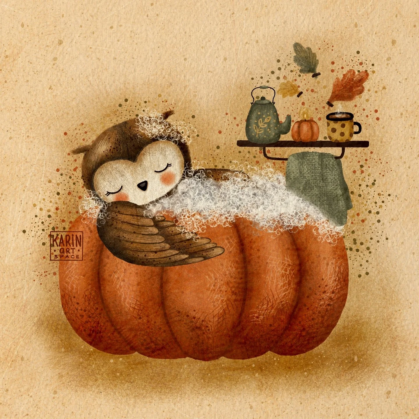 🧡 Perfect season for cosy baths, don&rsquo;t you think? 😊🍂🛁✨

🦉This little owl enjoying a warm bath is one of my earlier illustrations &mdash; and it still gives me that extra cosy feeling every time I see it 🥰

✏️ Looking for perfect Procreate
